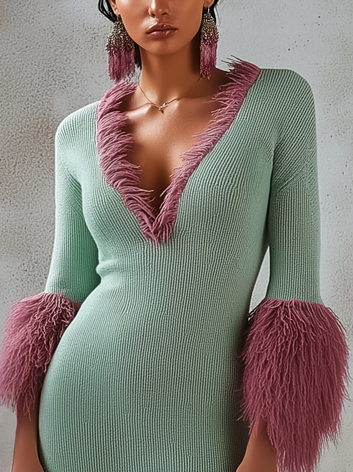 Green Ribbed Knit Midi Dress With Pink Fuzzy Piping