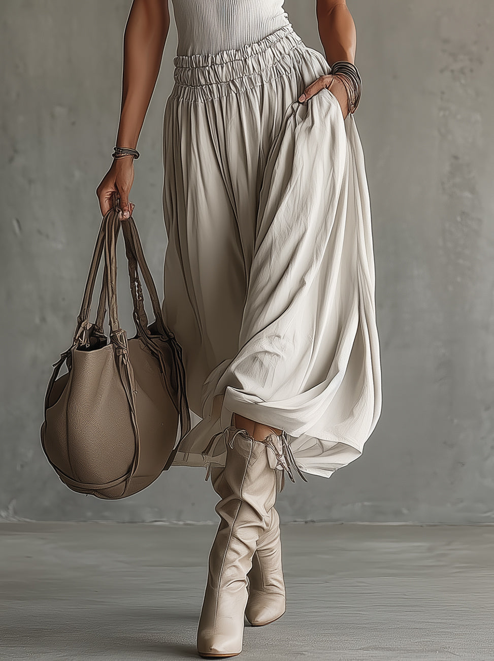 White One-Shoulder Ribbed Vest With Pleated High-Waist Maxi Dress