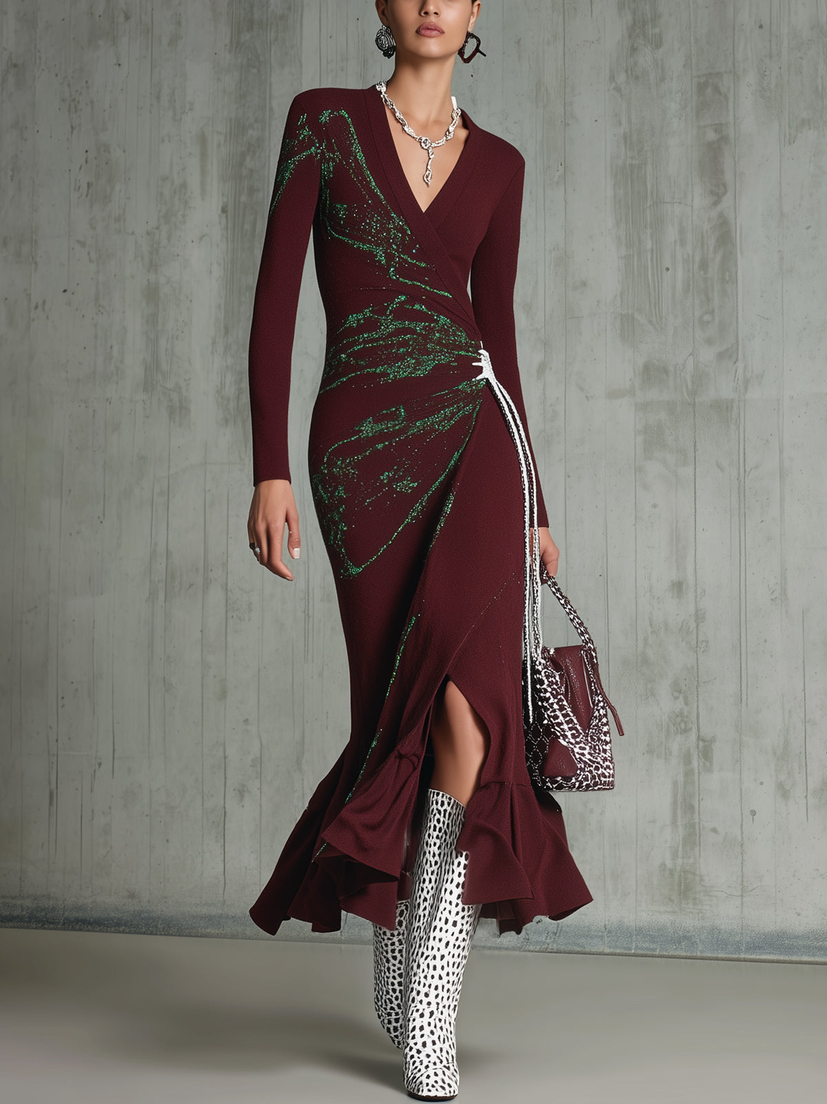 Burgundy Knit Draped V-Neck Long Sleeve Midi Dress