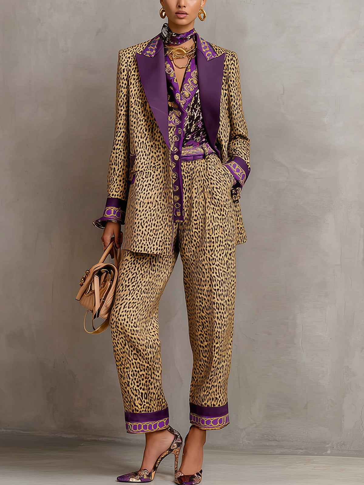 Gold Leopard Print With Purple Collar Suit