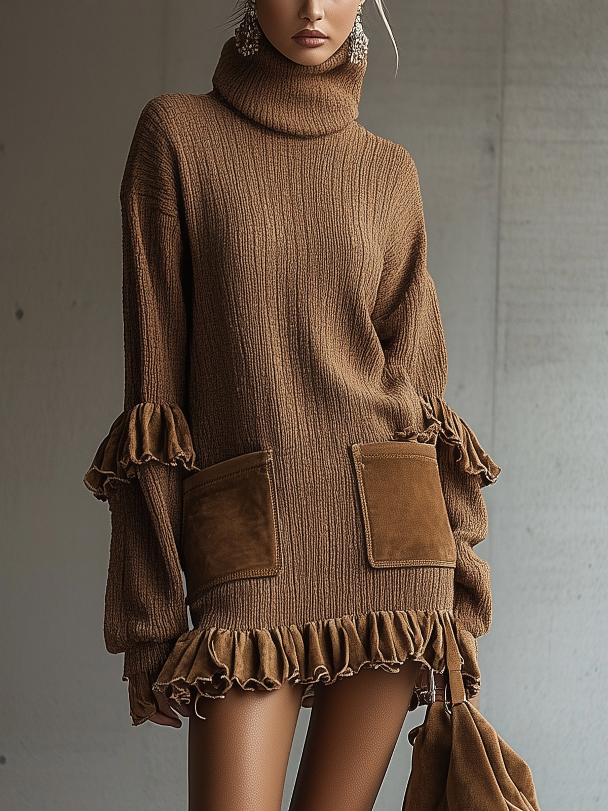 Brown Knit Turtleneck Dress With Ruffle Hem And Suede Pockets