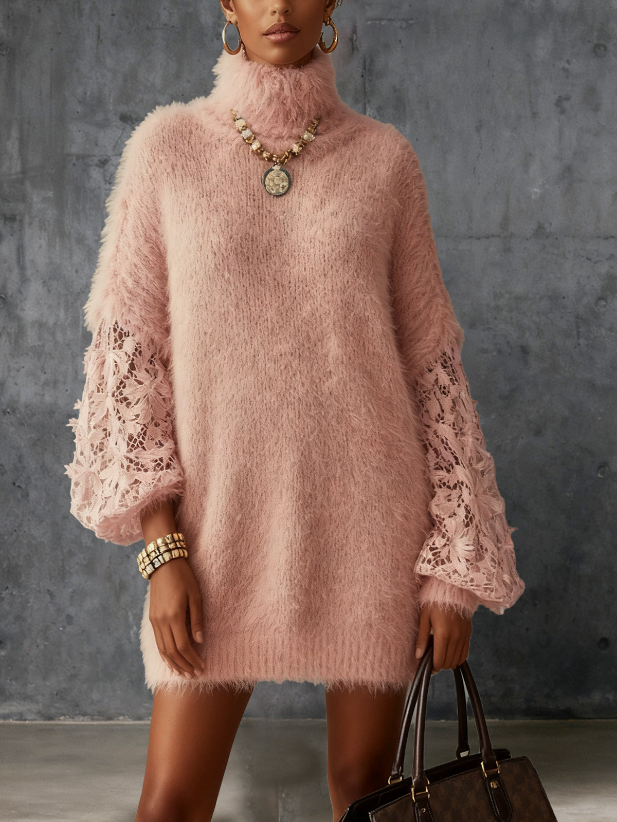 Pink Fuzzy Knit Dress With Lace Sleeves