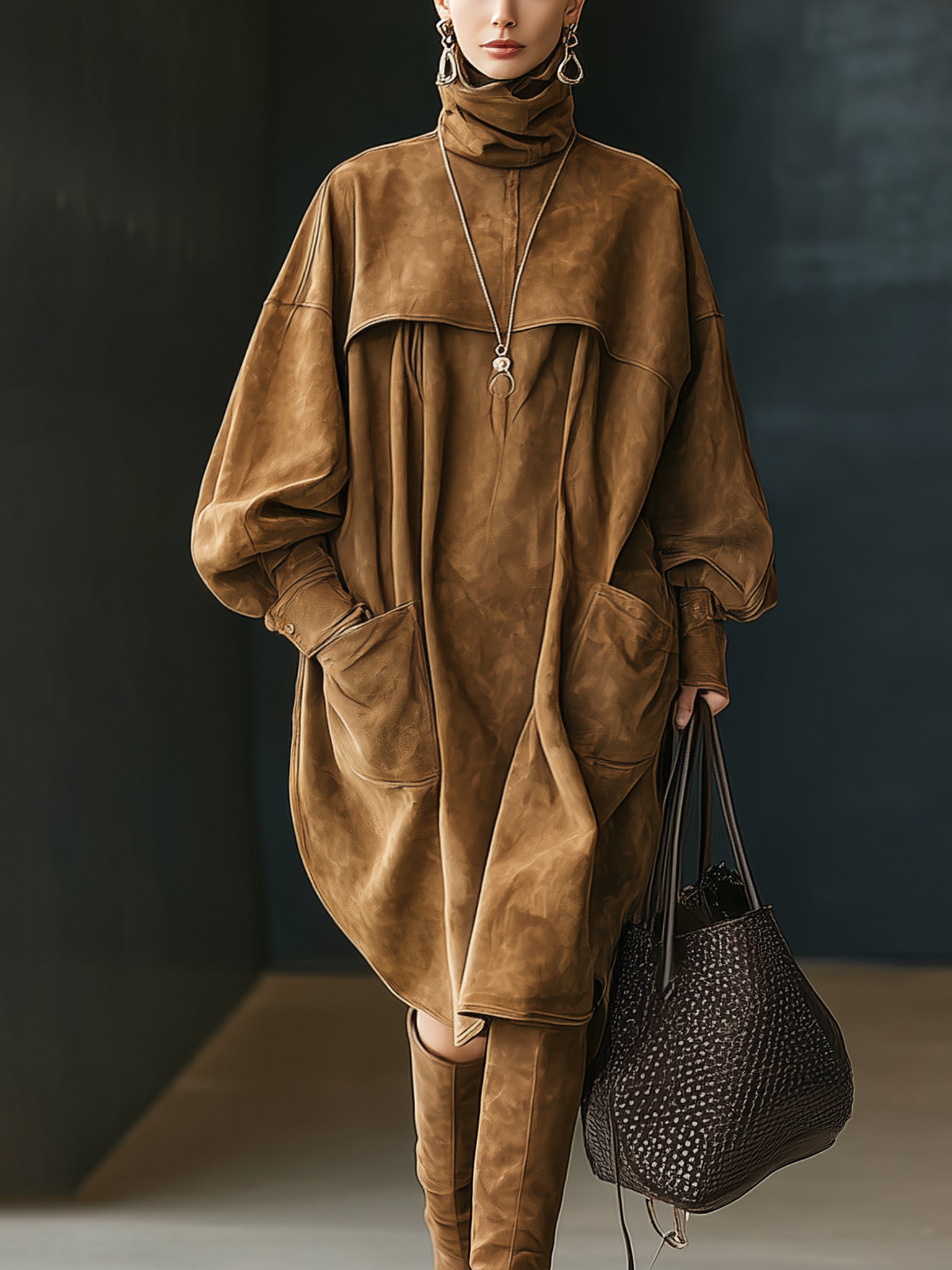 Vintage Brown Faux Suede Oversized Turtleneck Long Sleeve Midi Dress