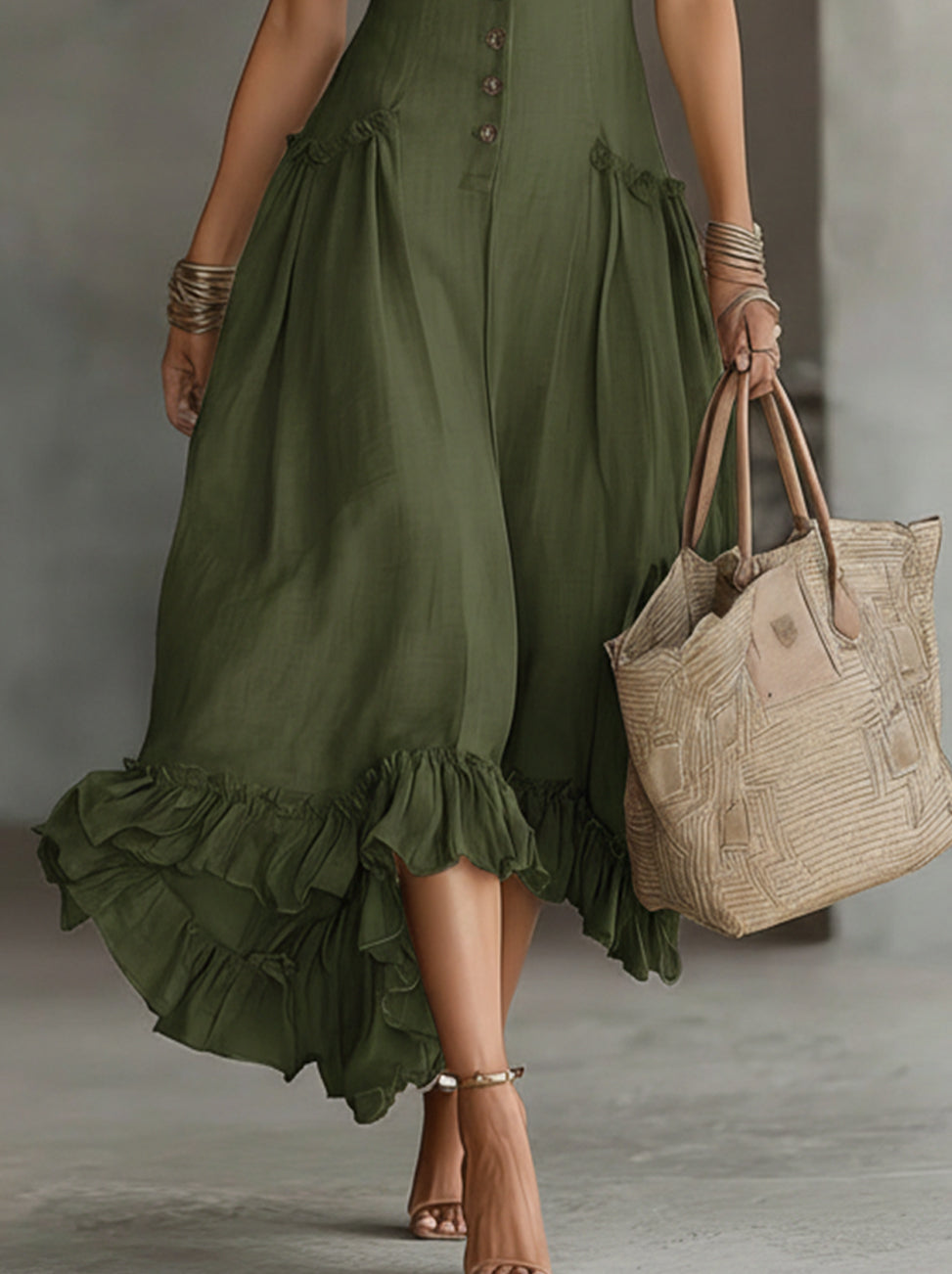 Green Sleeveless Button-Front Ruffled Hem Maxi Dress