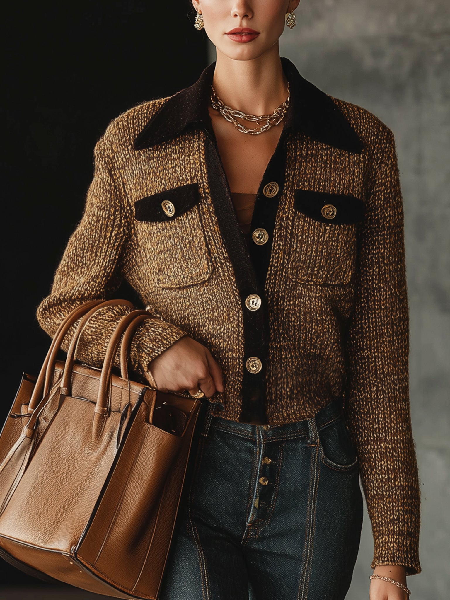 Mocha Tweed Button Up Knit Cardigan