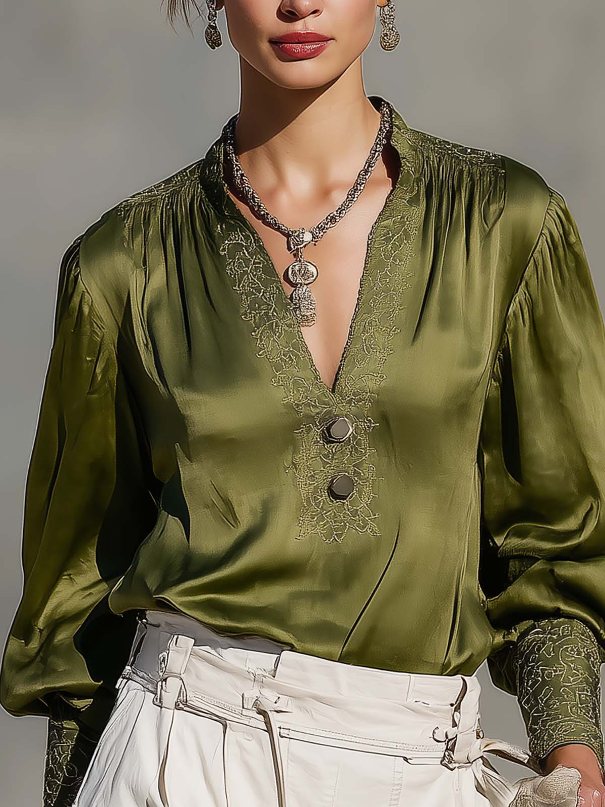 Olive Green Embroidered V-neck Double Button Shirt