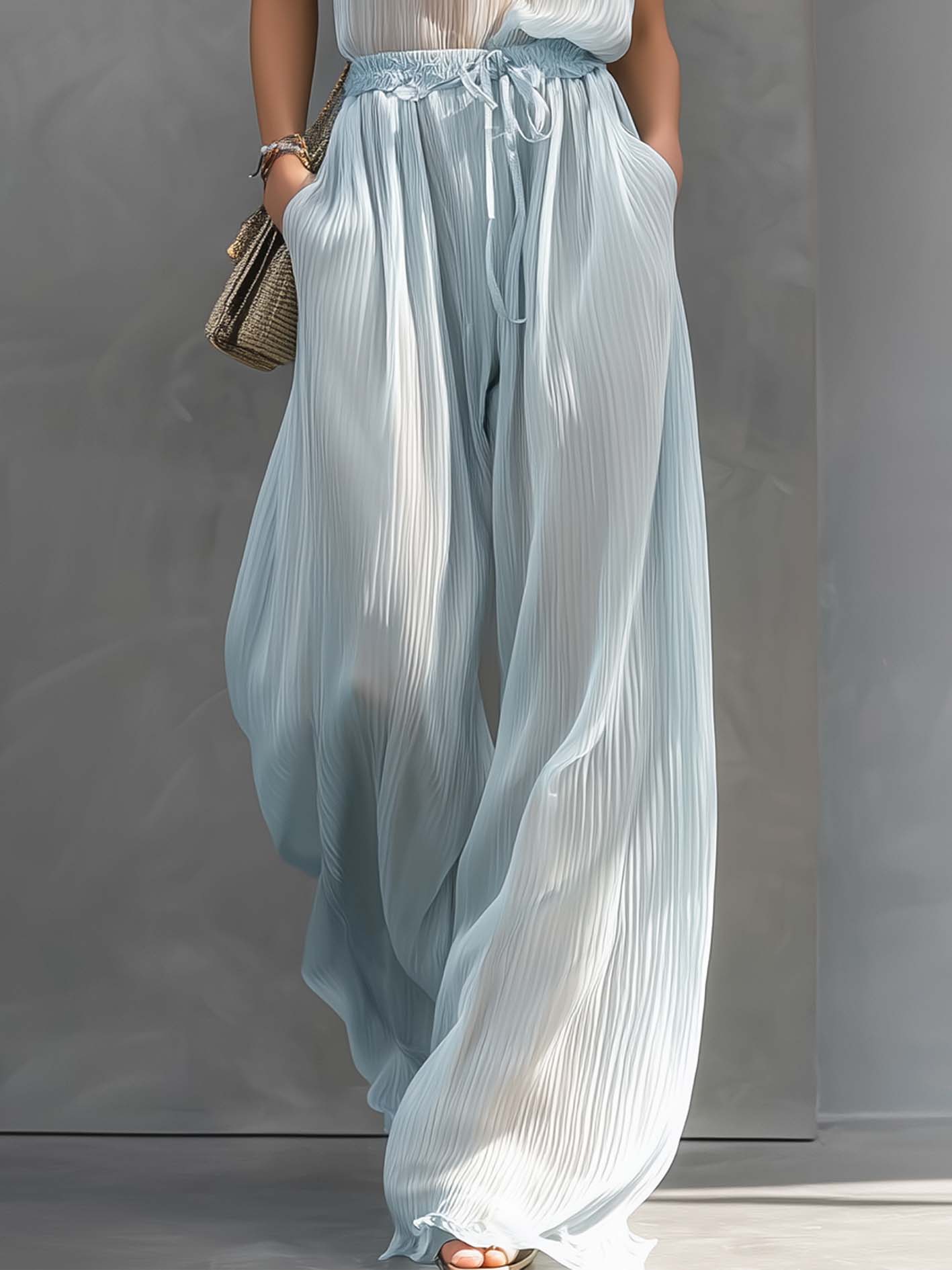 Shiny Sky Blue Organza Pleated Sleeveless Top And Wide Leg Pants Set
