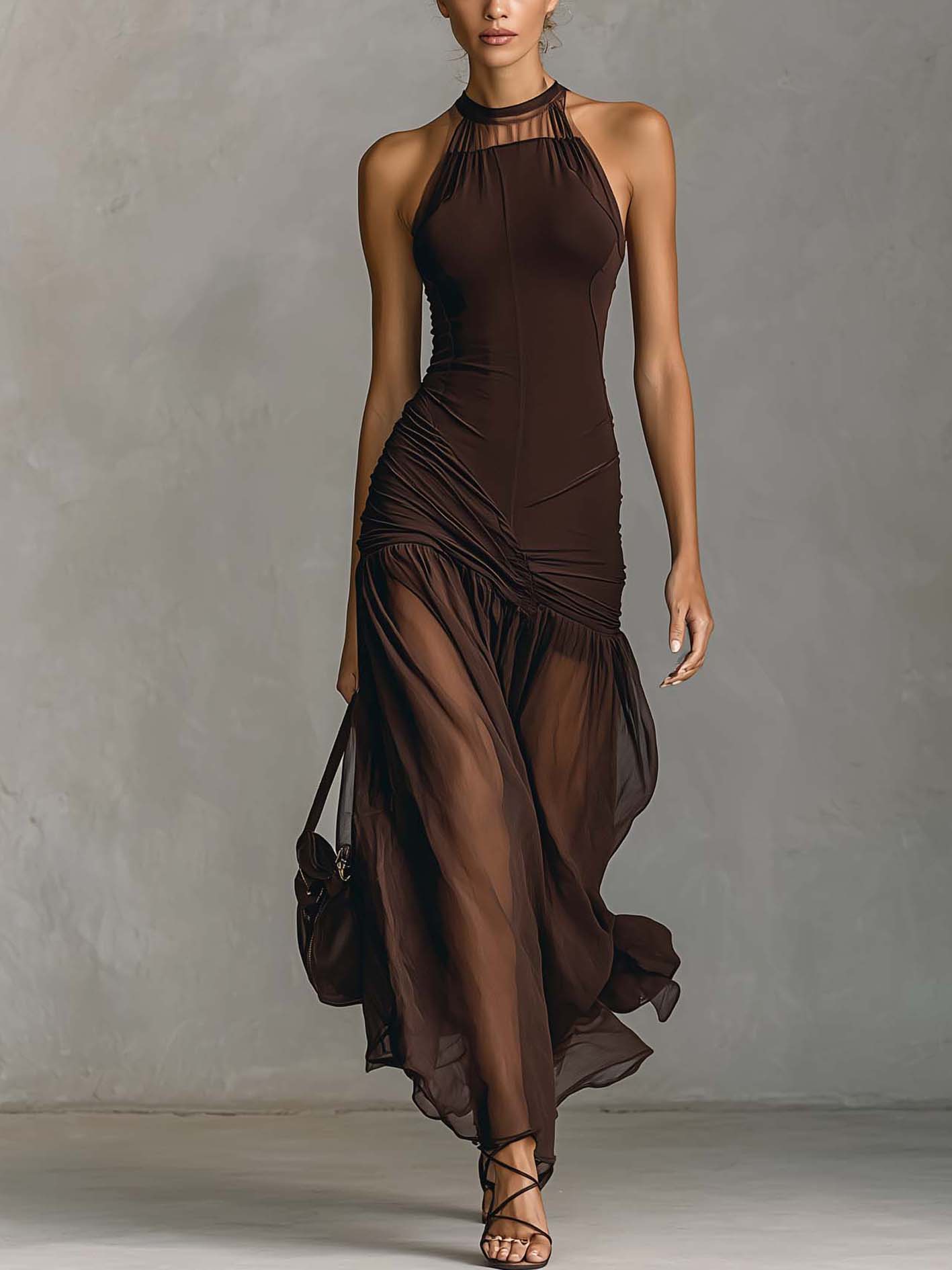 Chocolate Brown Sleeveless Patchwork Bodycon Dress