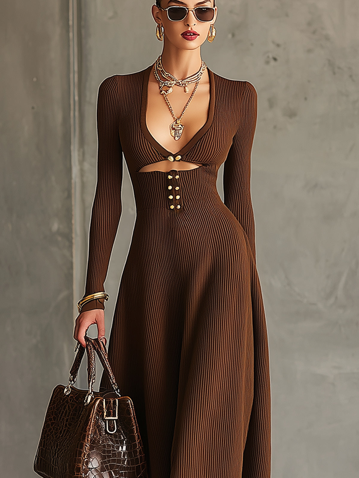 Chocolate Ribbed Knit Cut Out Midi Dress