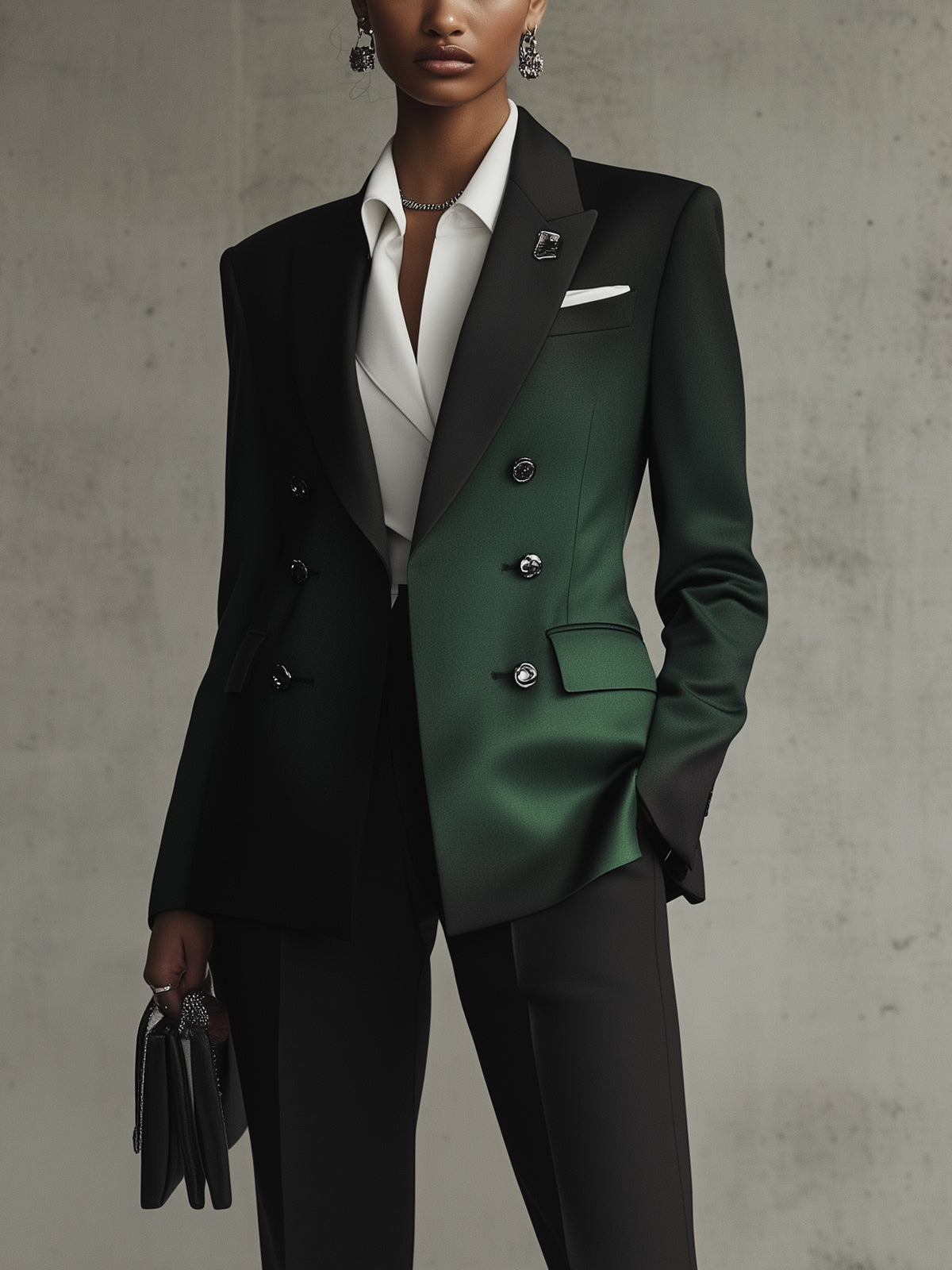 Black And Green Ombre Double Breasted V-Neck Long Sleeved Blazer