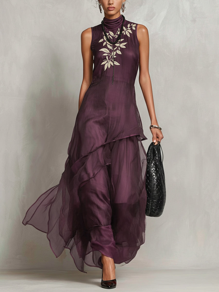 Purple Sleeveless Layered Chiffon Embroidered Maxi Dress