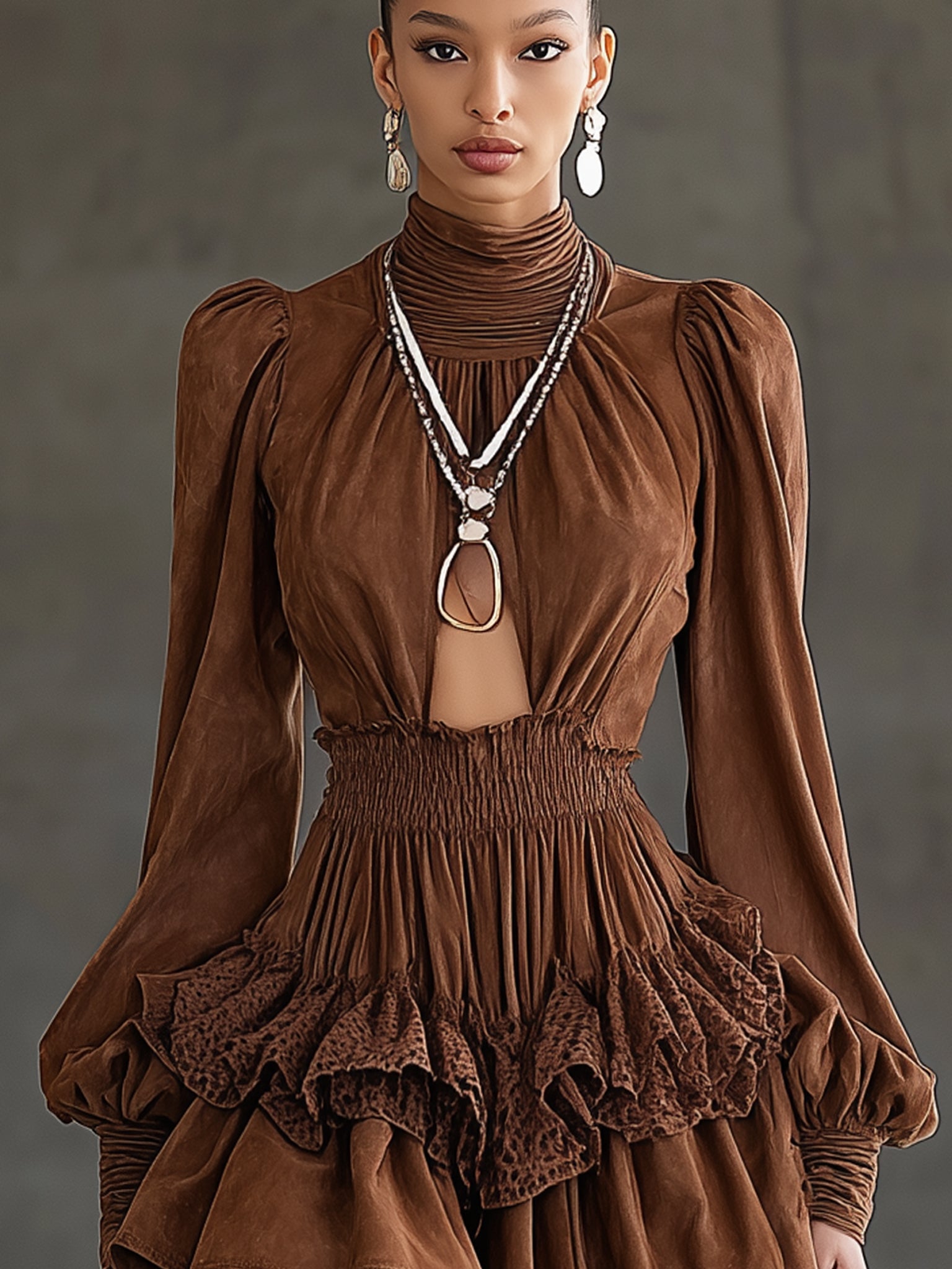 Chocolate Suede Ruffle Cutout Long Sleeve Mini Dress