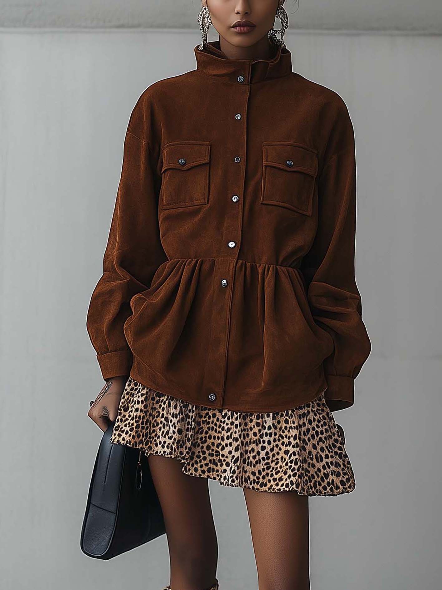 Brown Faux Suede Mini Dress With Leopard Print Ruffles