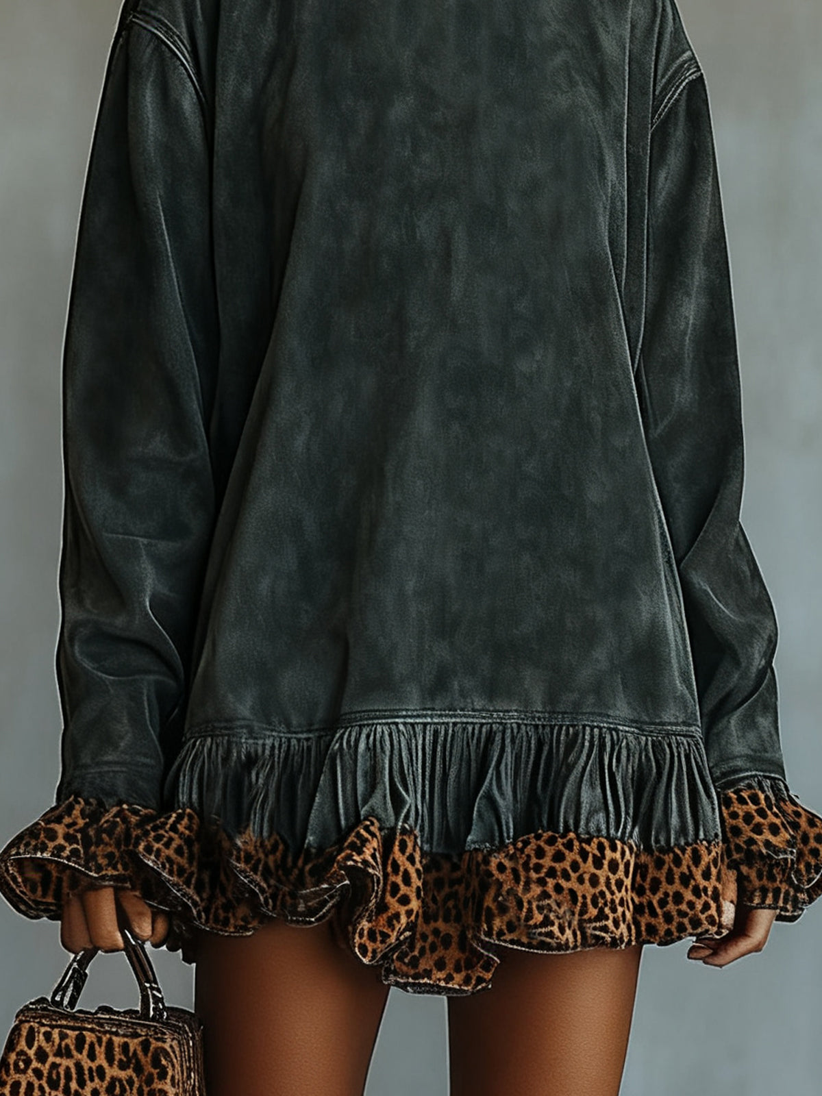 Gray Mock Neck Dress With Leopard Ruffle Hem
