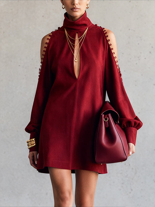 Red Cold Shoulder Faux Suede Dress With High Neck