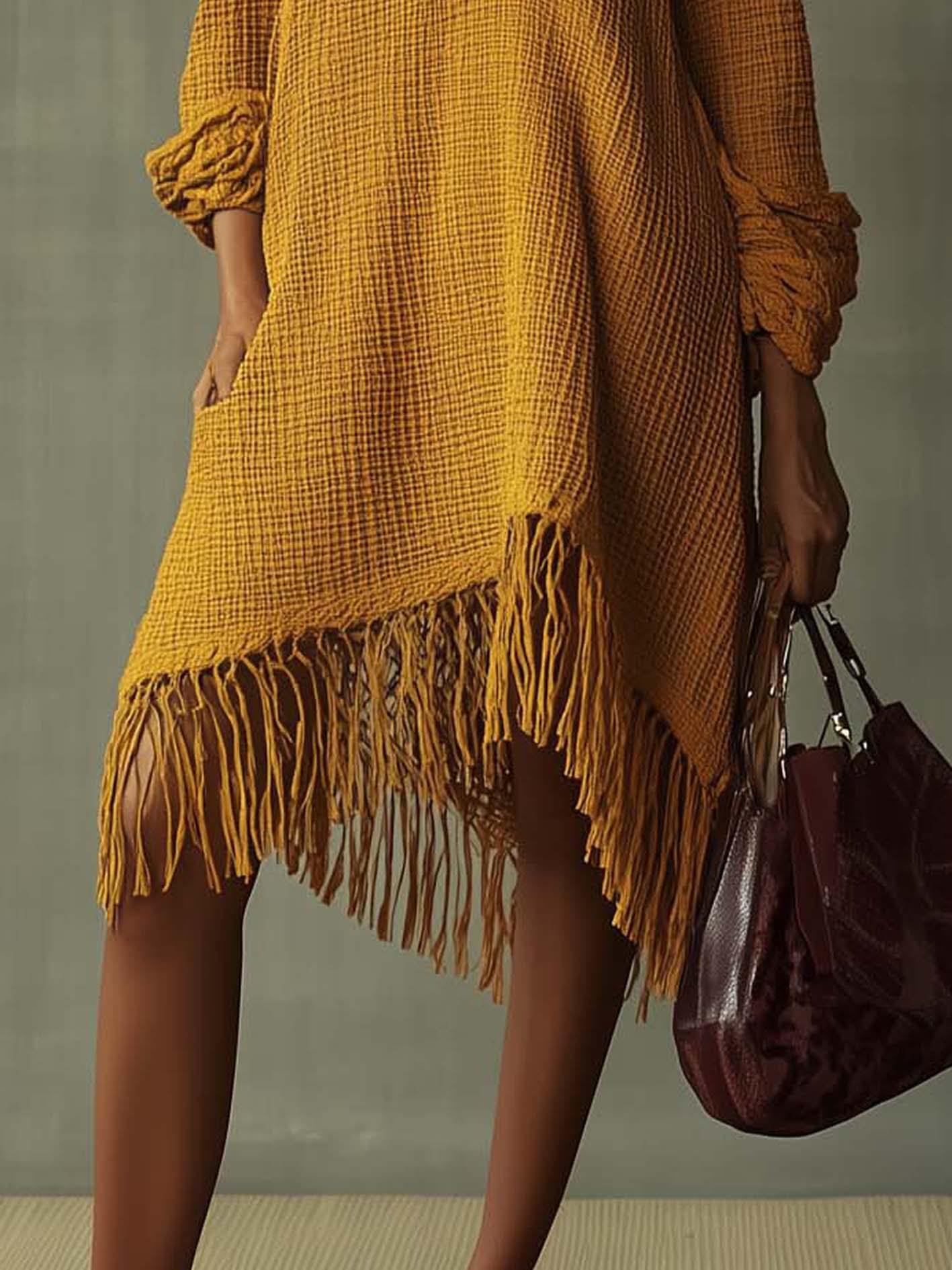 Yellow Waffle Texture Midi Dress With Tassels