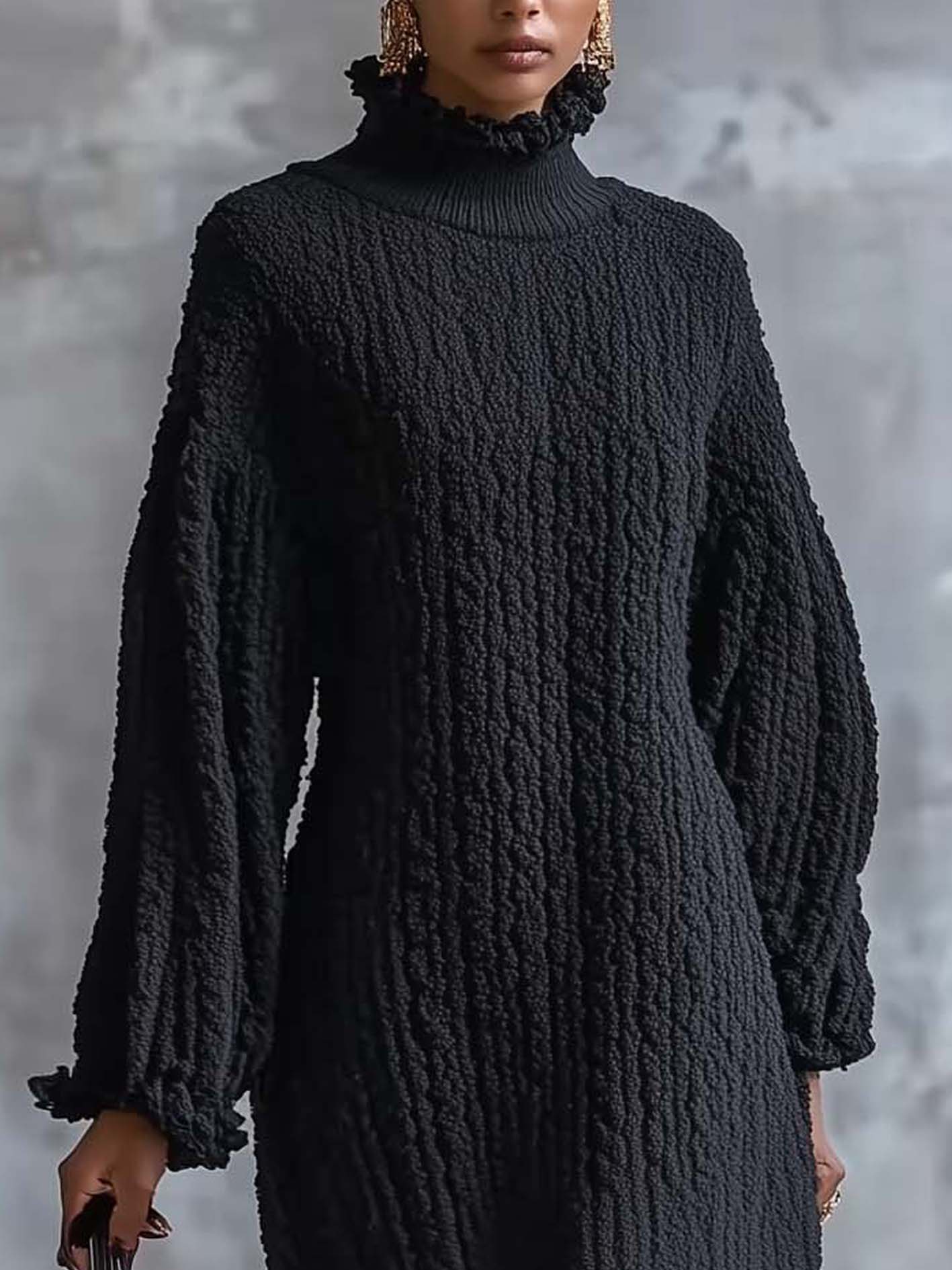 Black Knitted Midi Dress With Ruffled High Collar