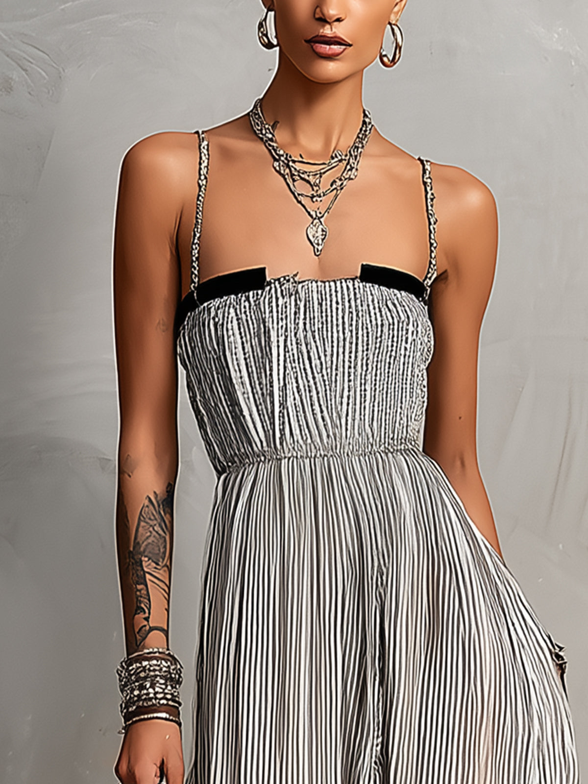 Striped Pleated Spaghetti Strap Chiffon Maxi Dress