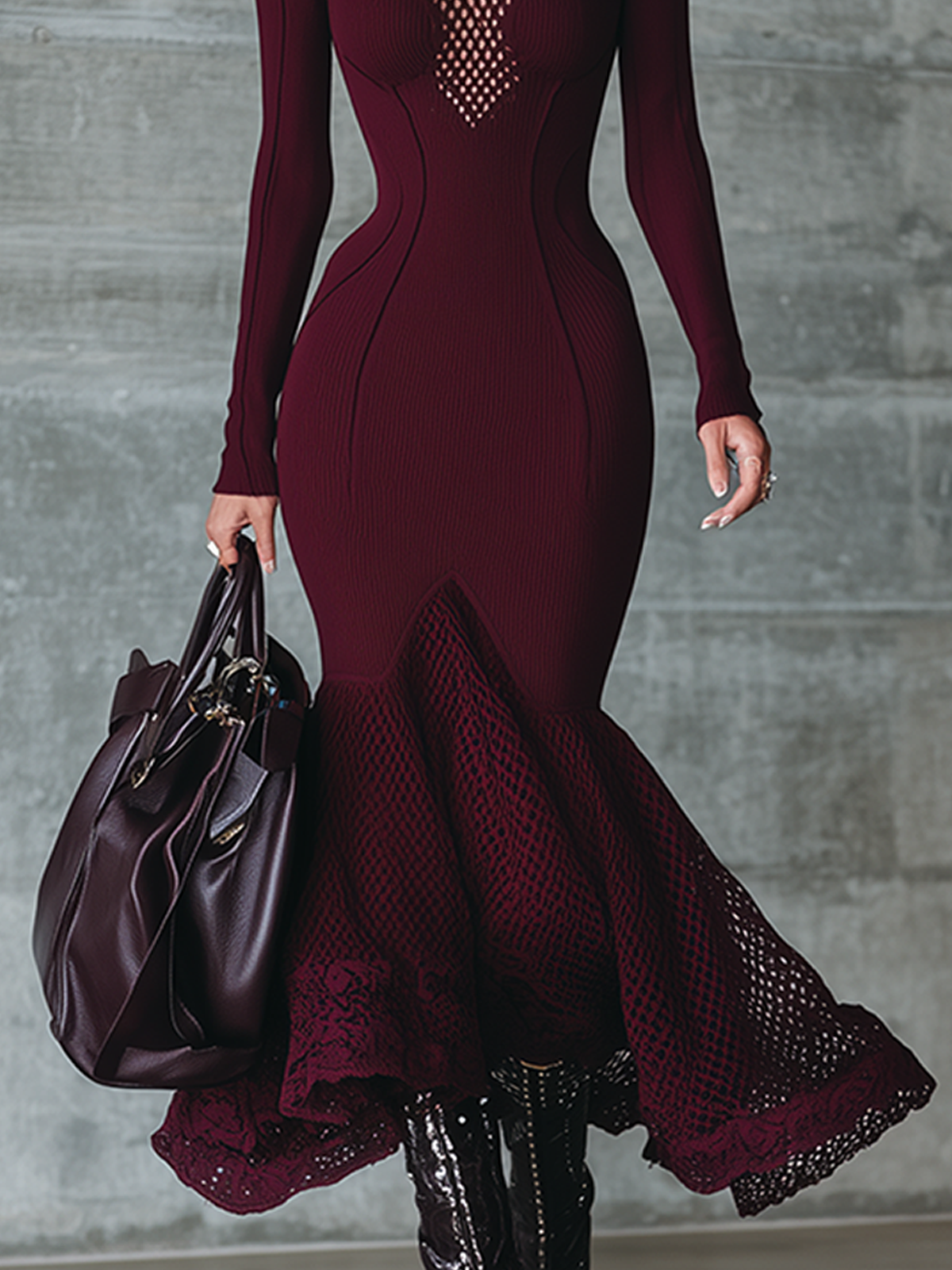 Burgundy Mesh Panel Bodycon Long Sleeve Mermaid Midi Dress