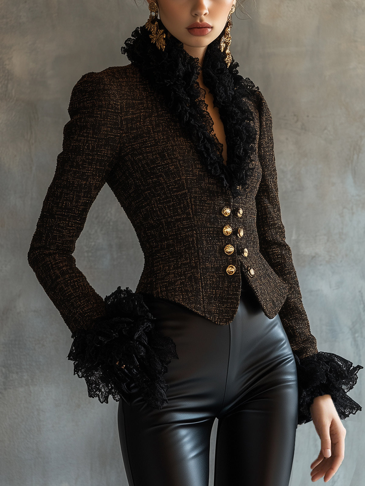 Brown Luxurious Tweed Lace Trimmed Jacket