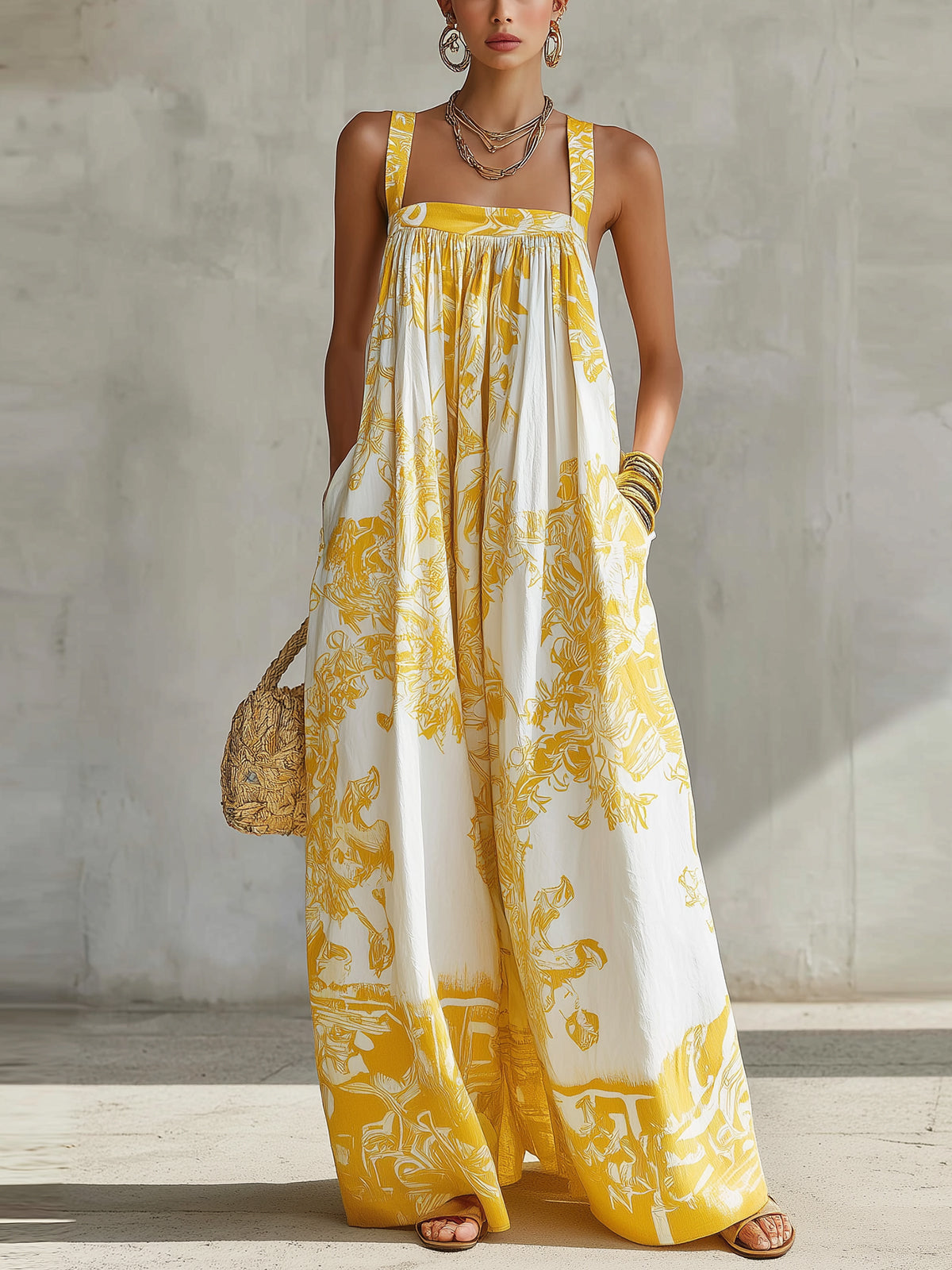 Yellow And White Floral Print Maxi Dress