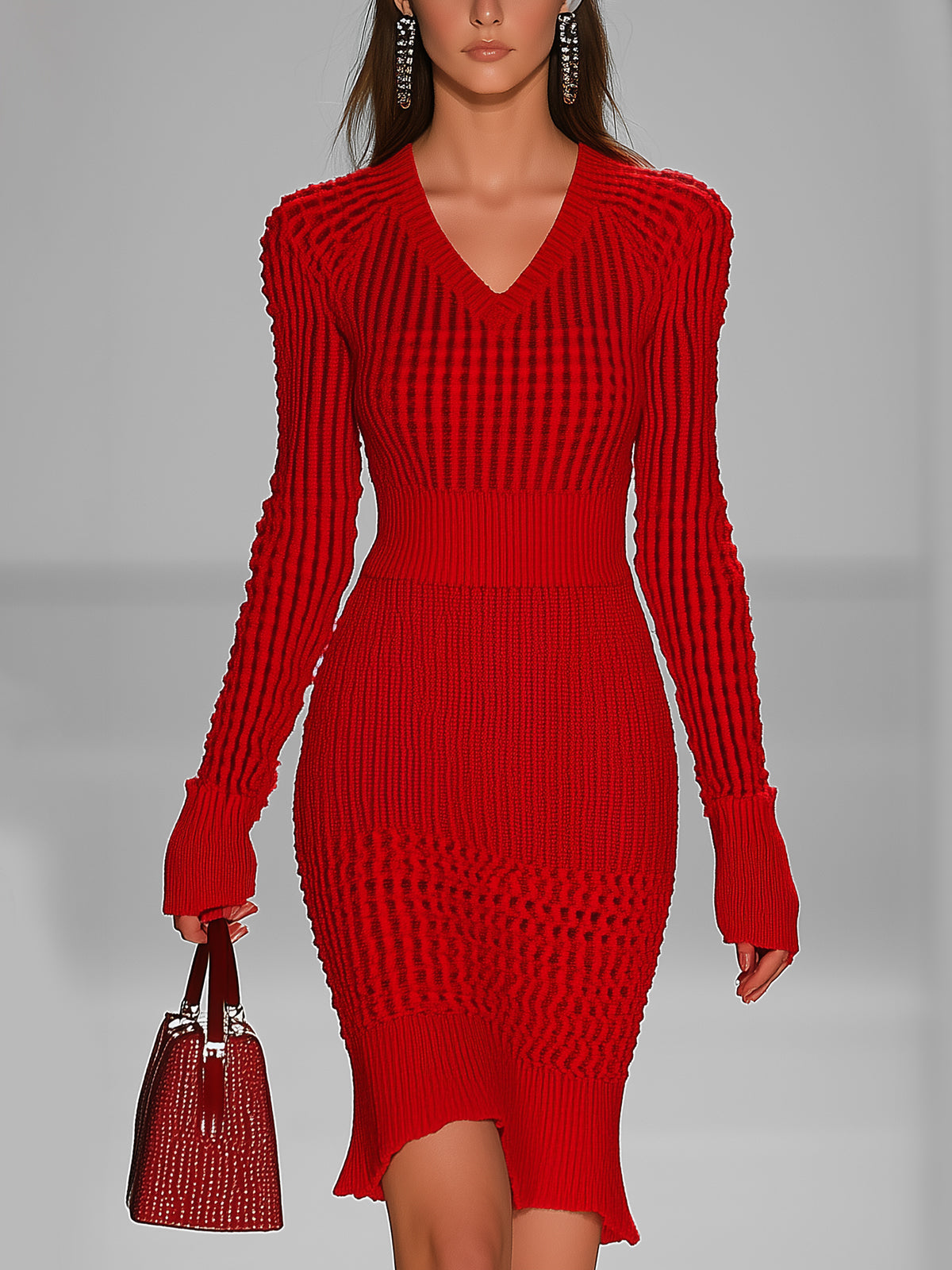 Red Knit Bodycon Dress With Long Sleeves