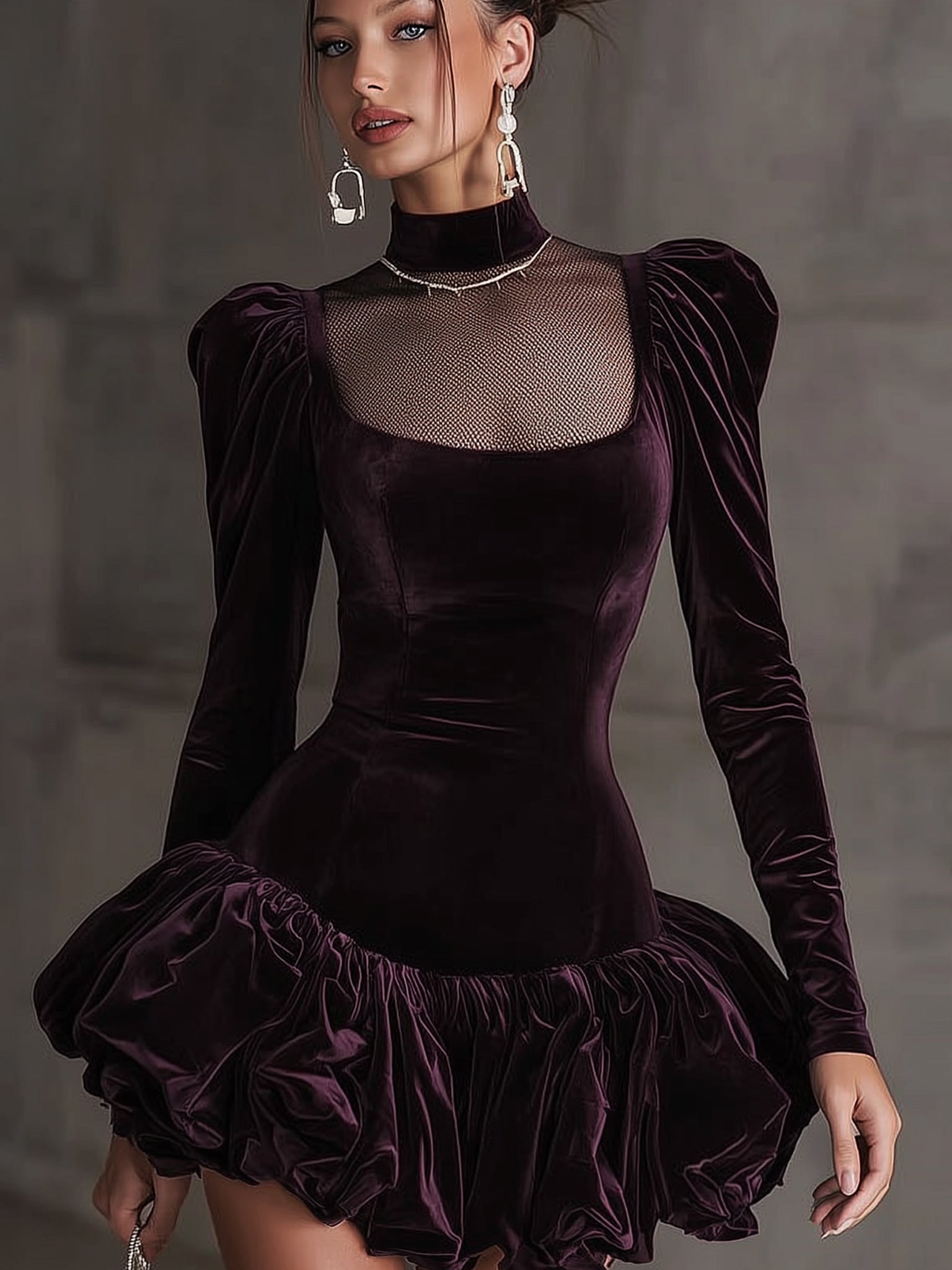 Plum Velvet Mesh Panel Puff Sleeve Mini Dress