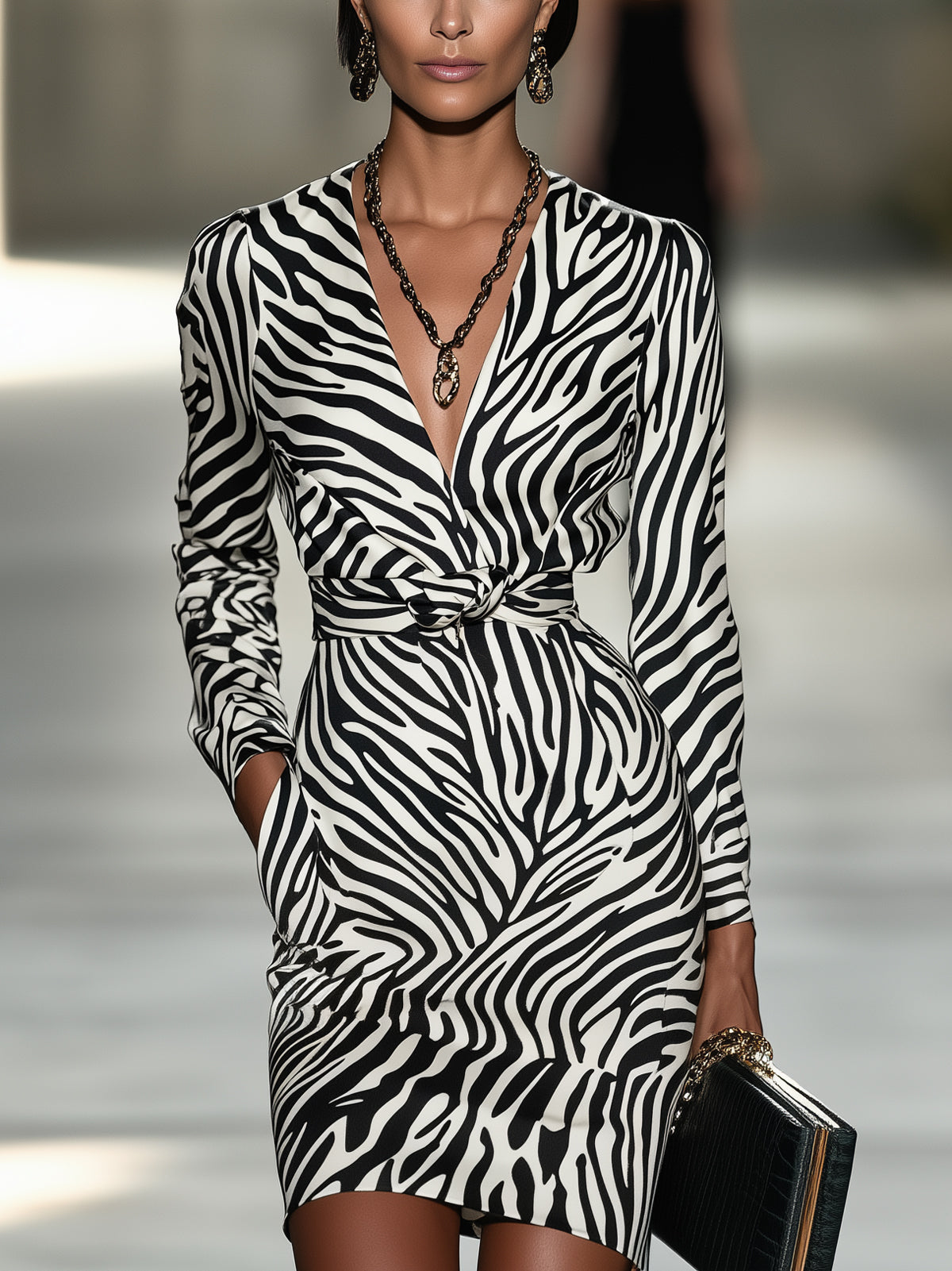 Black And White Zebra Print Satin Belted Deep V-Neck Long Sleeve Mini Dress