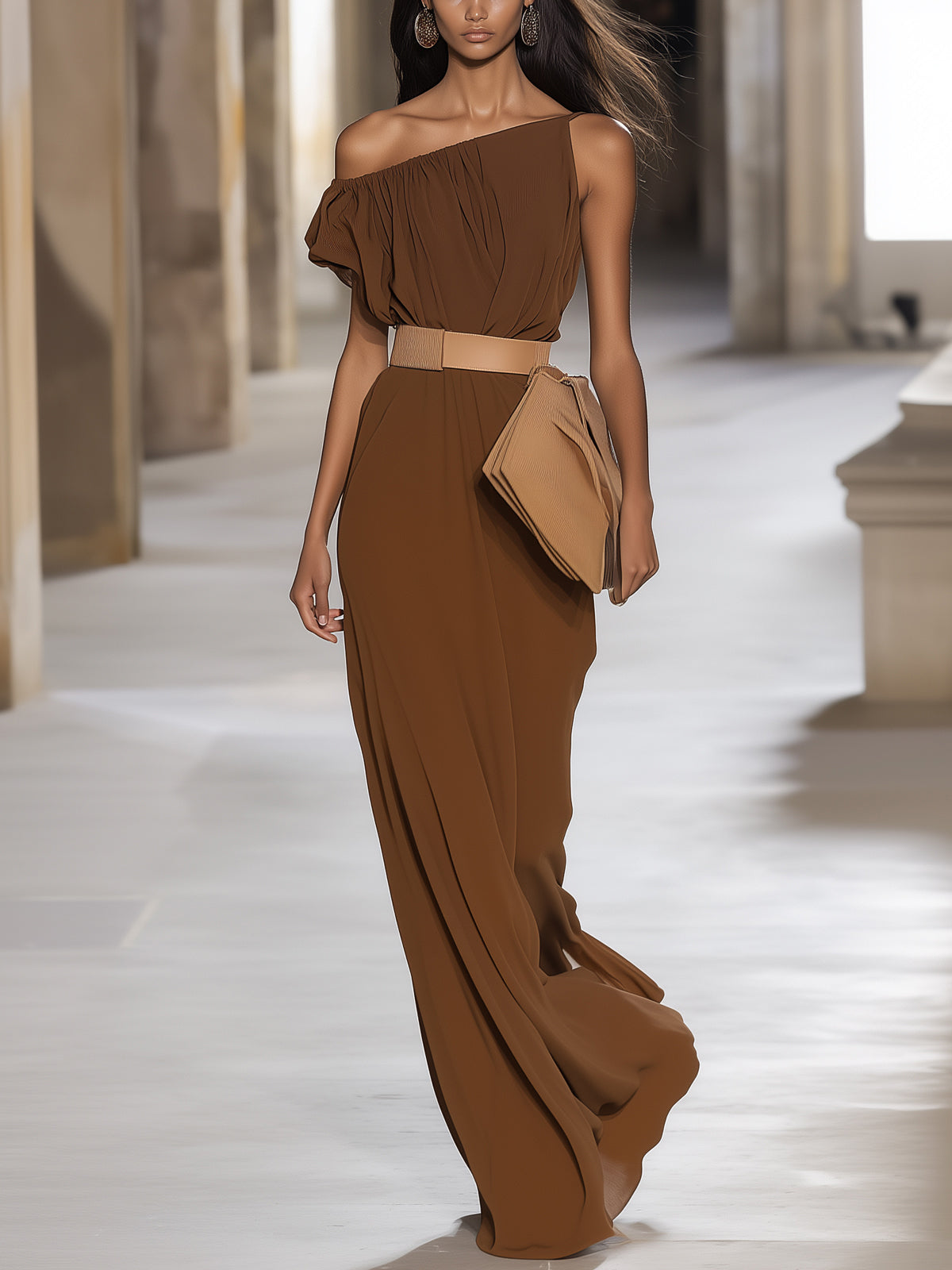 Brown Solid Chiffon Belted One Shoulder Short Sleeve Maxi Dress