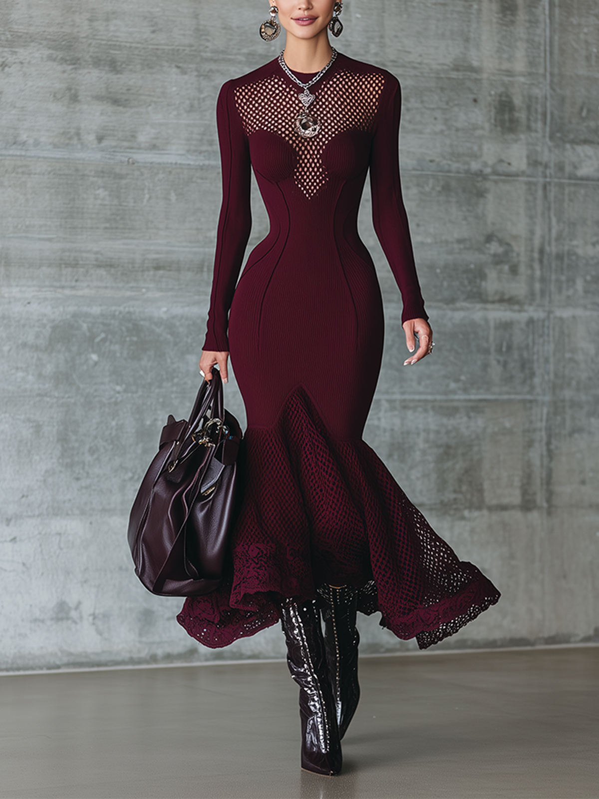 Burgundy Mesh Panel Bodycon Long Sleeve Mermaid Midi Dress