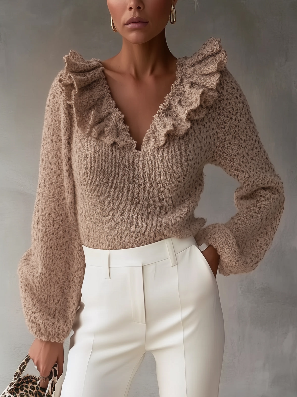 Ruffled V-Neck Knit Sweater