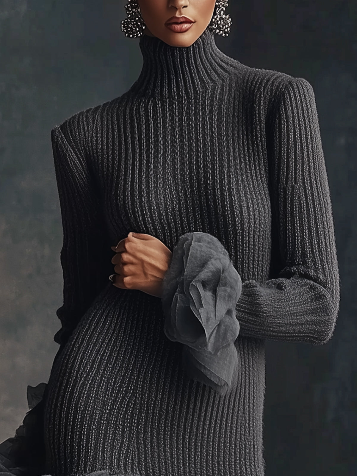 Gray High-neck Knit Dress With Ruffled Hem And Cuffs