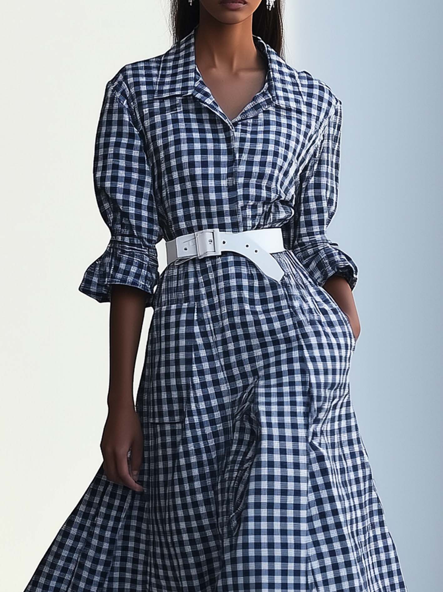 Dark Blue Checked Maxi Dress With Belt