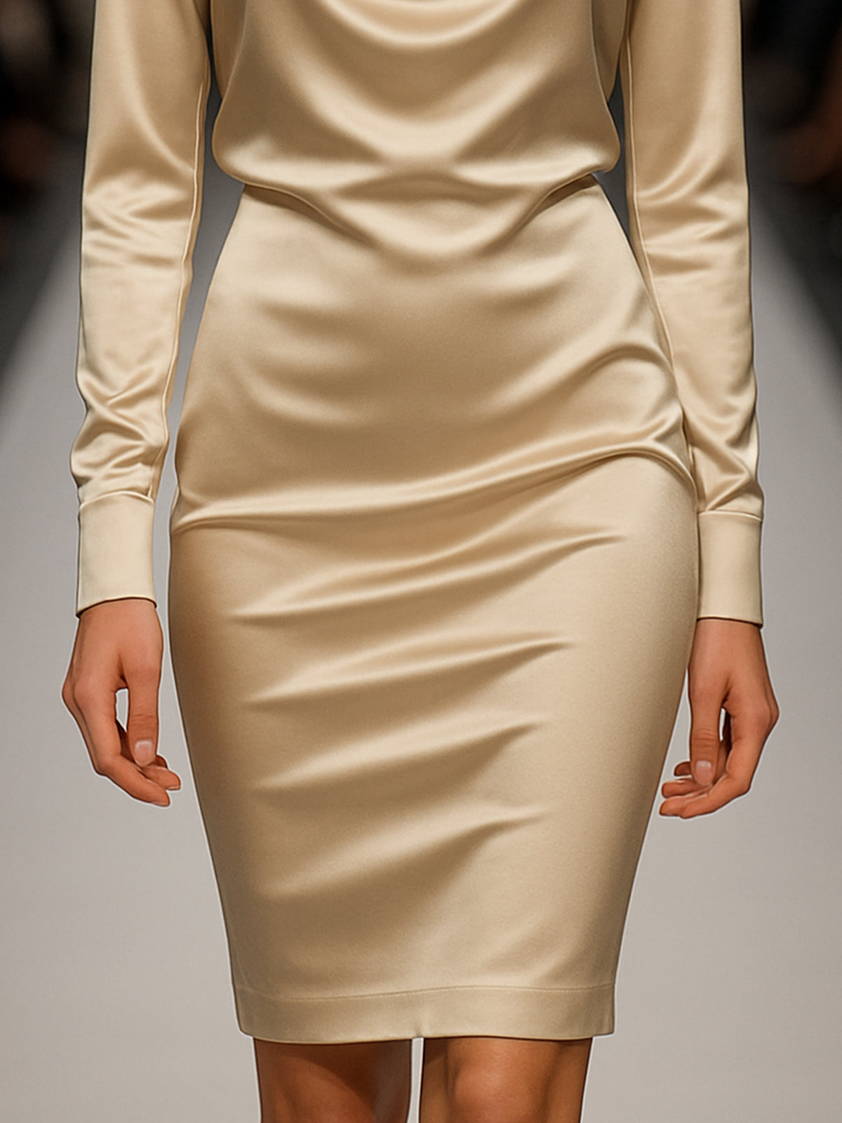 Champagne Satin Cowl Neck Dress With Long Sleeves