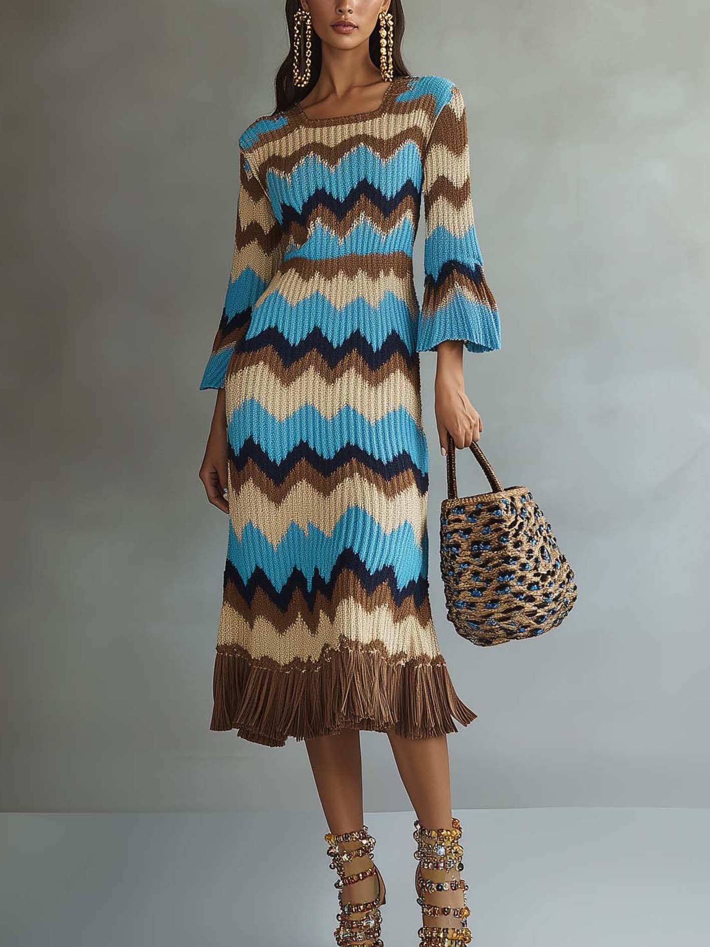 Blue Knitted Midi Dress With Tassels And Zigzag Lines