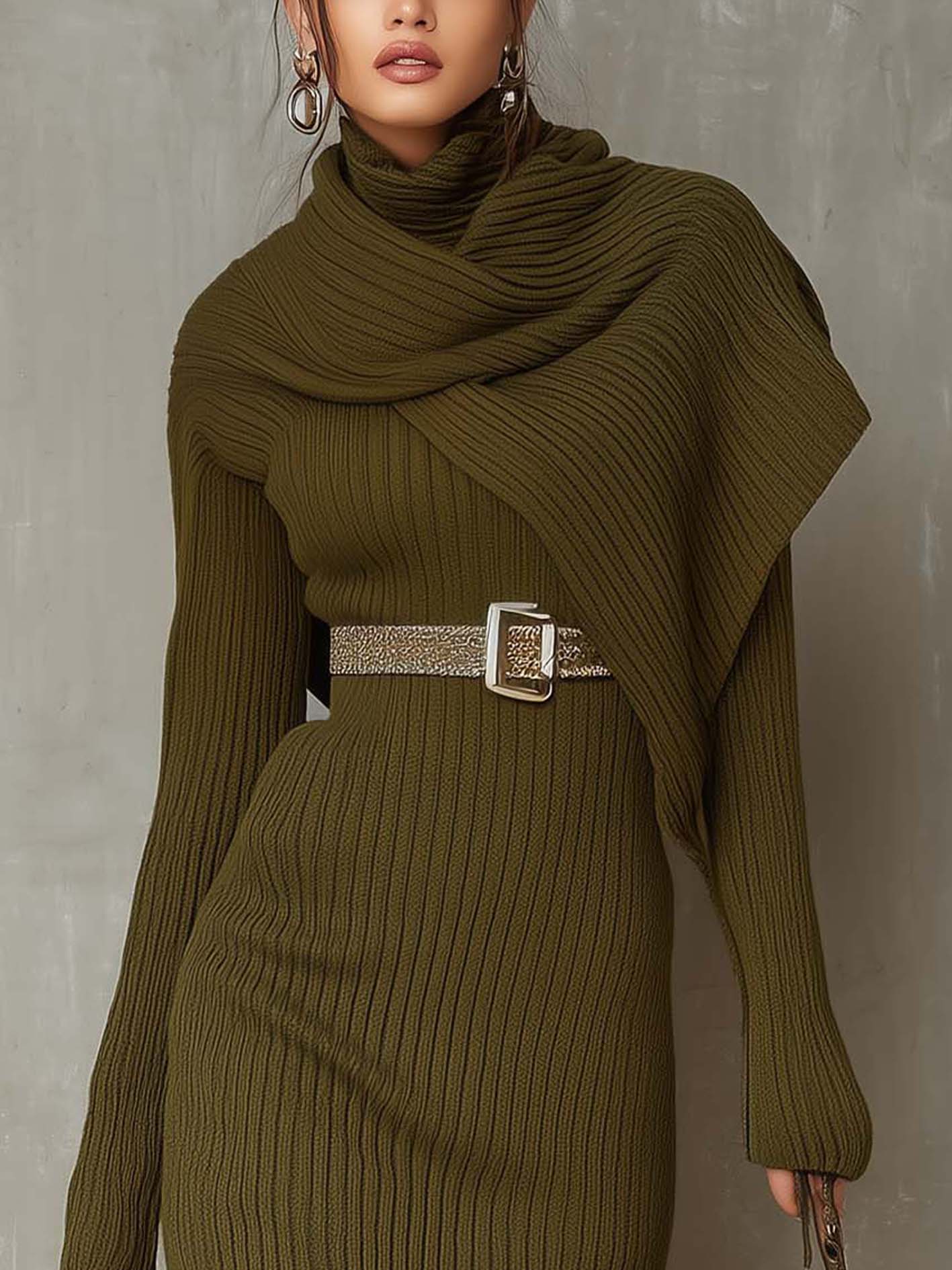 High-neck Olive Knit Bodycon Dress With Scarf Embellishment