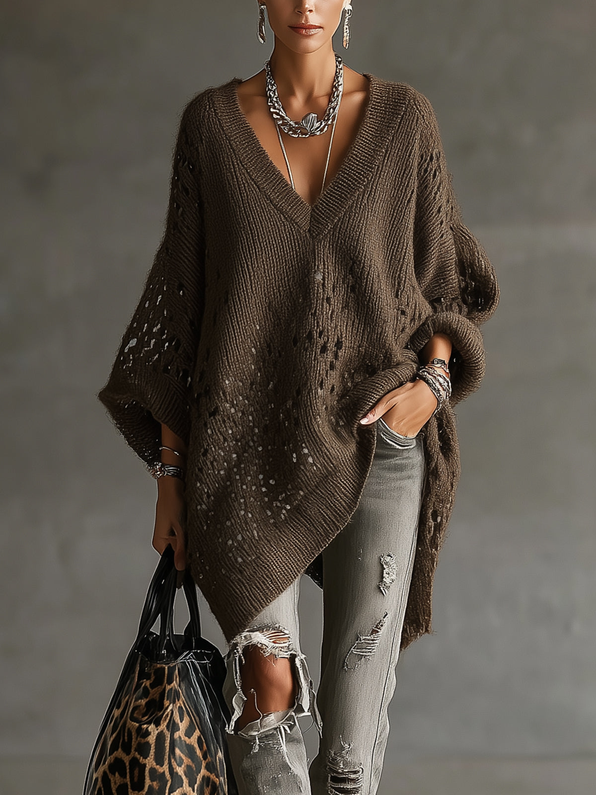 Brown Oversized V-Neck Knit Sweater With Open-Stitch Detailing