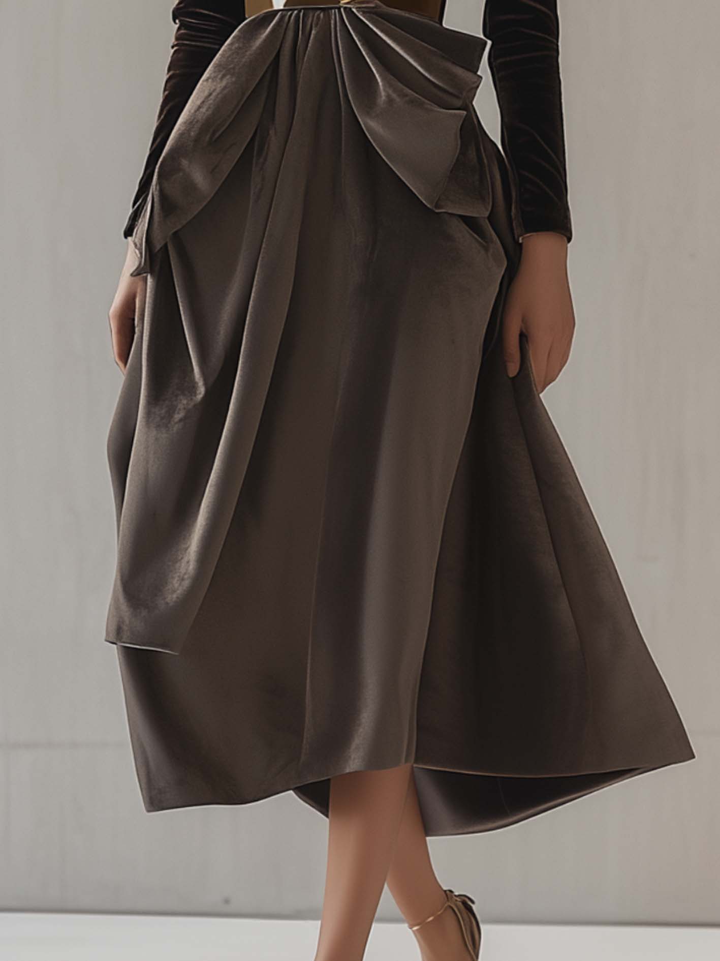 Brown And Gray Velvet Midi Dress With A Gold Fashion Belt