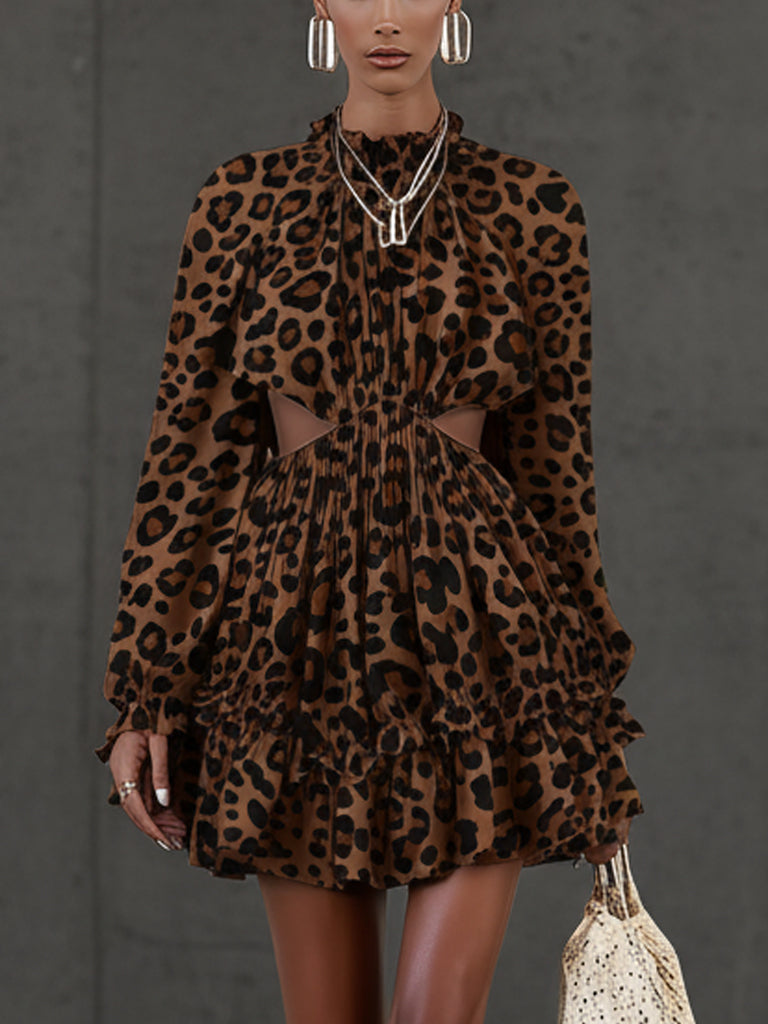 Brown Leopard Suede Ruffle Cutout Long Sleeve  Mini Dress