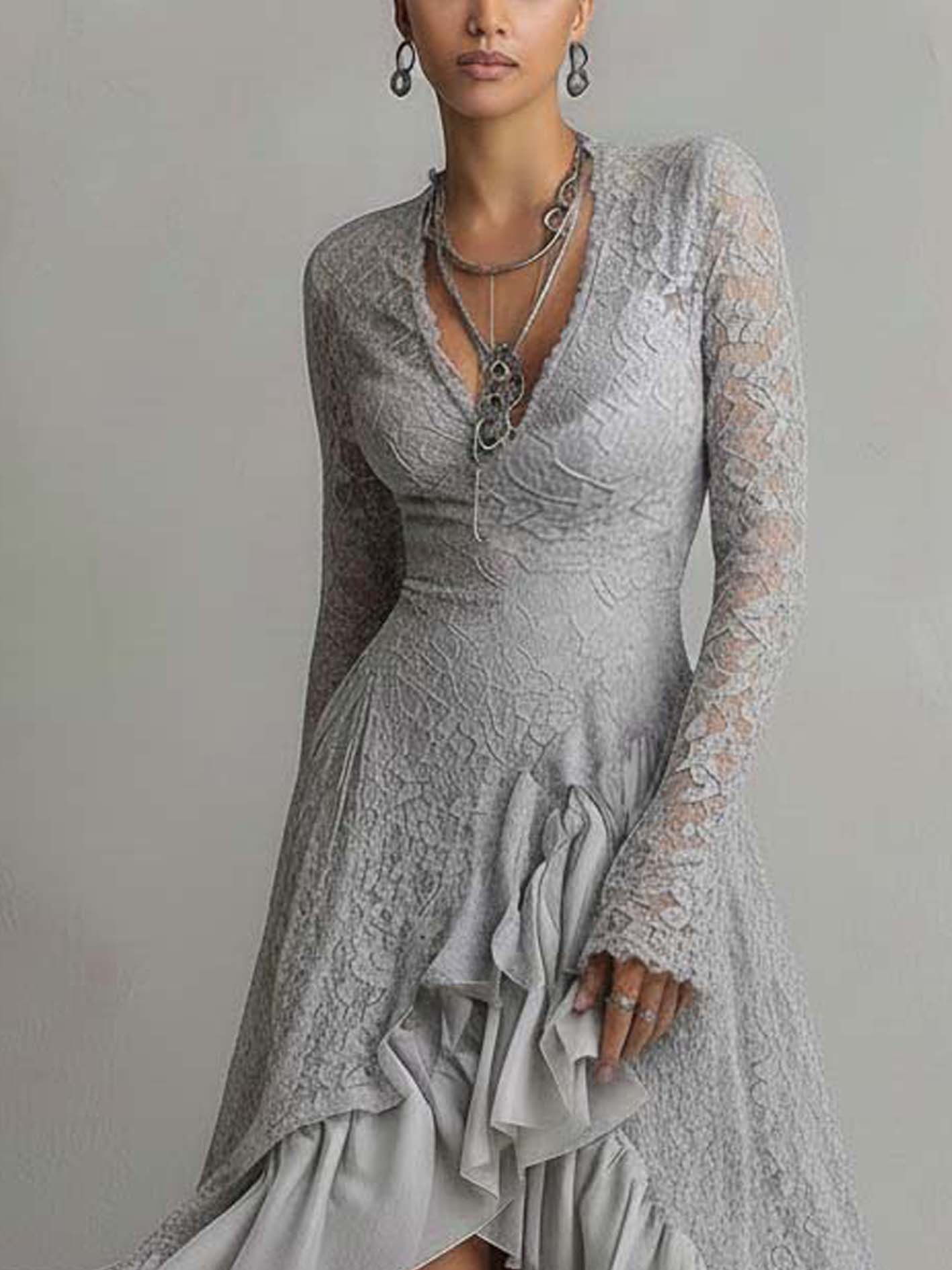 Gray Lace Ruffled Patchwork Midi Dress