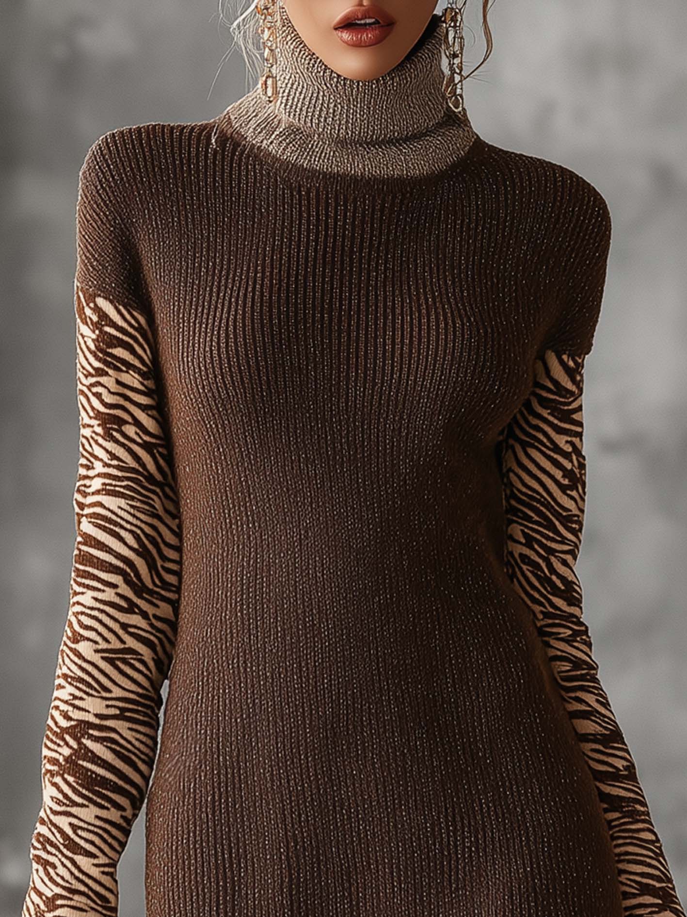 Brown Knitted Mini Dress With Zebra Print Sleeves