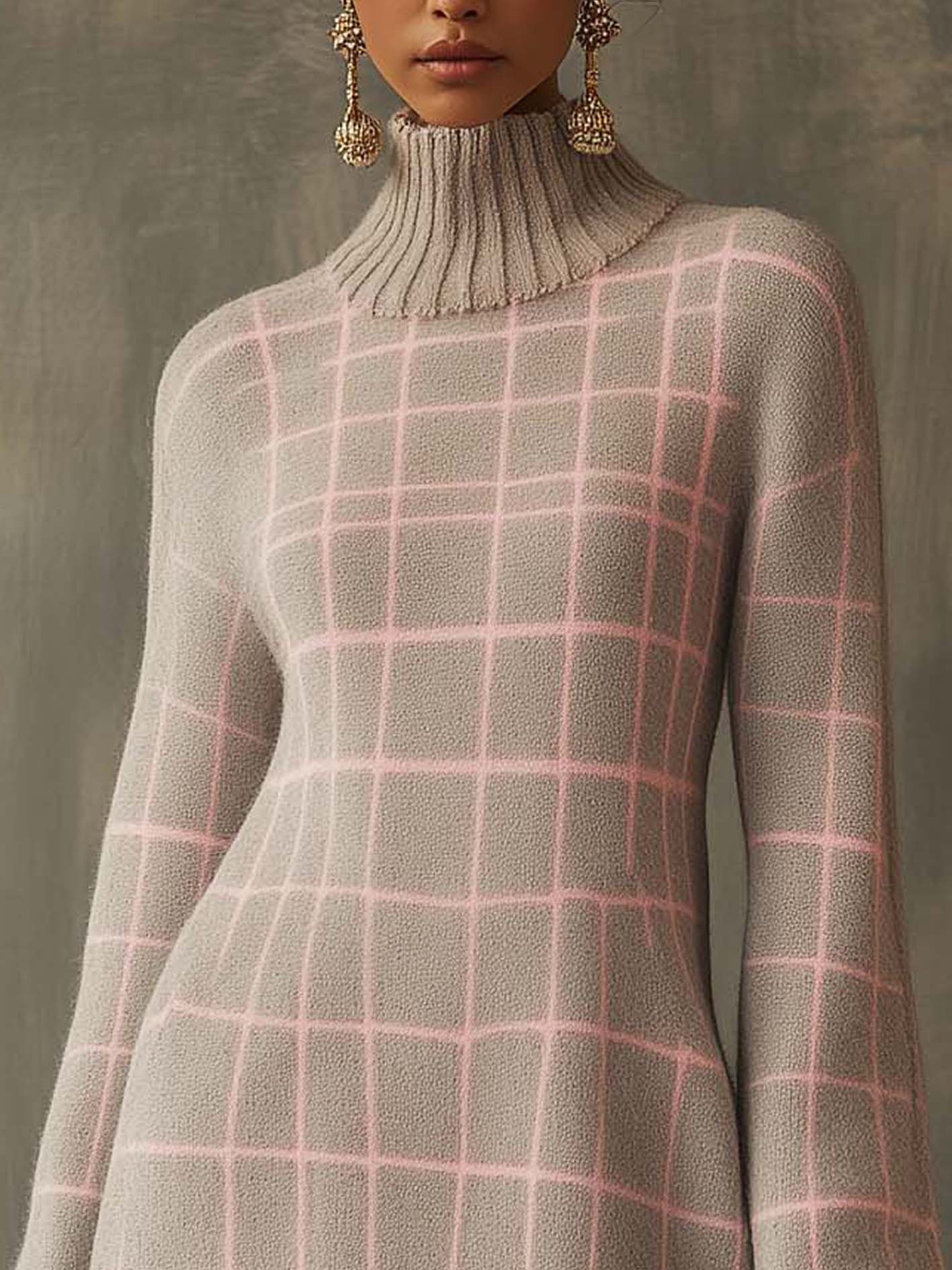 Gray Knitted Mini Dress With Pink Lines And Mesh Stitching