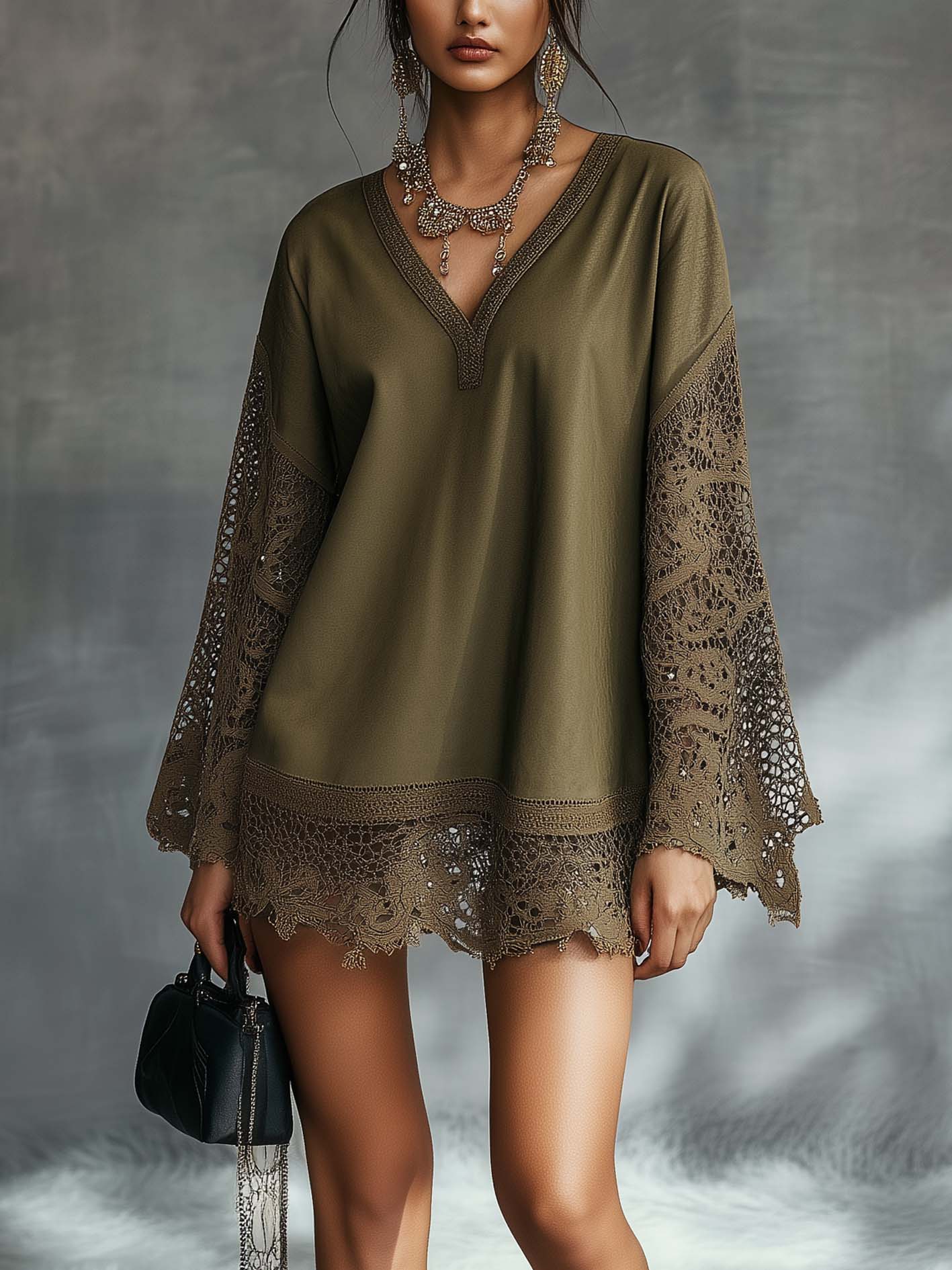 Vintage Olive Green Faux Suede Mini Dress With Lace