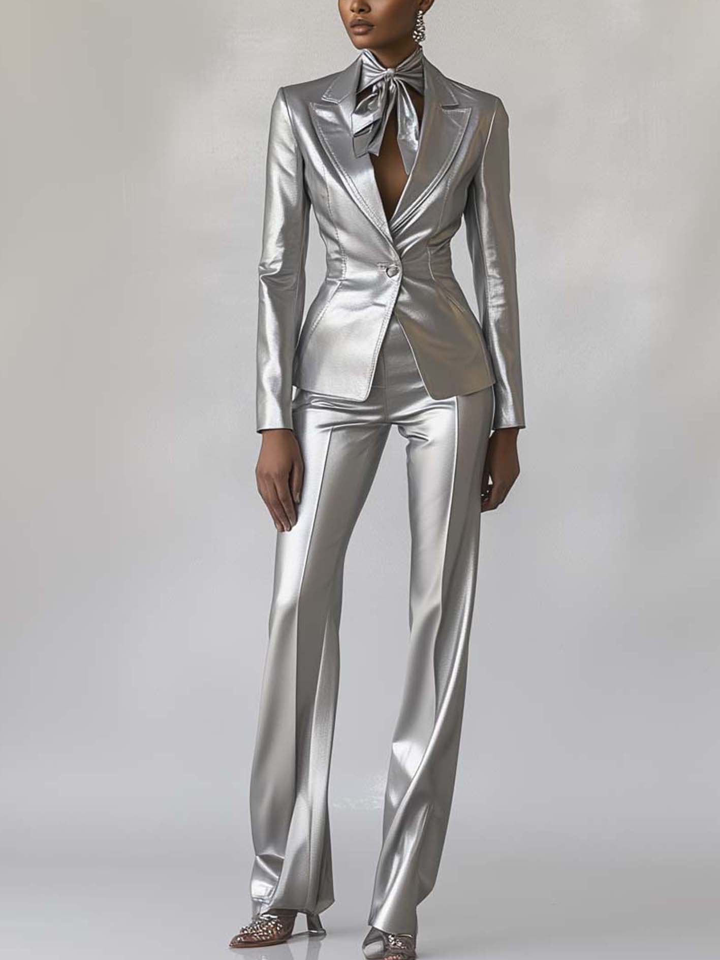 Fashionable Silver-gray Faux Leather Suit