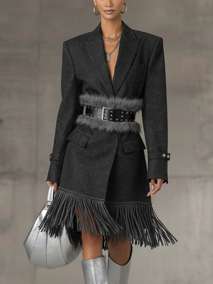 Gray Faux Suede Fringed Long Sleeve Blazer With A Plush Belt
