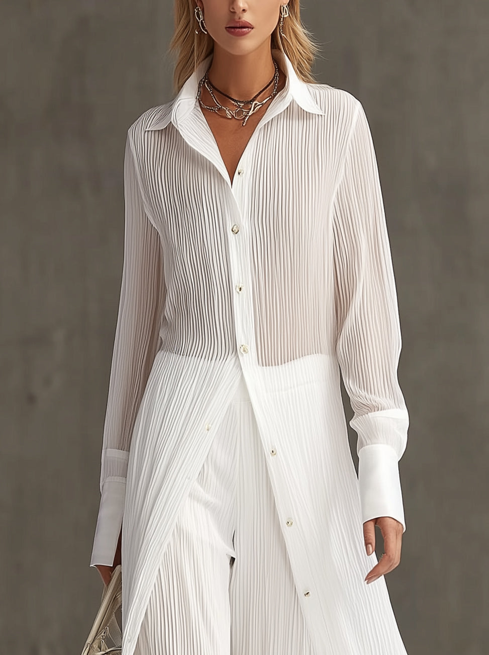 White Pleated Long Shirt