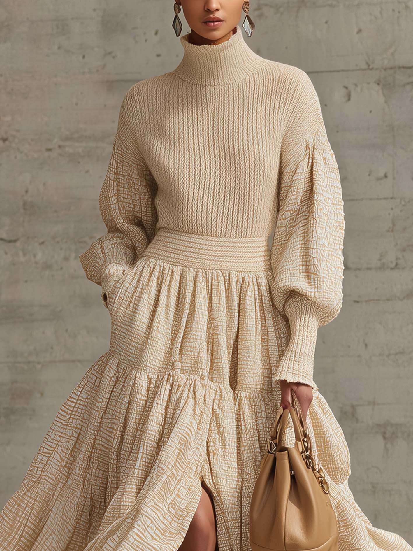 Beige Midi Dress With Patchwork Knit Fabric