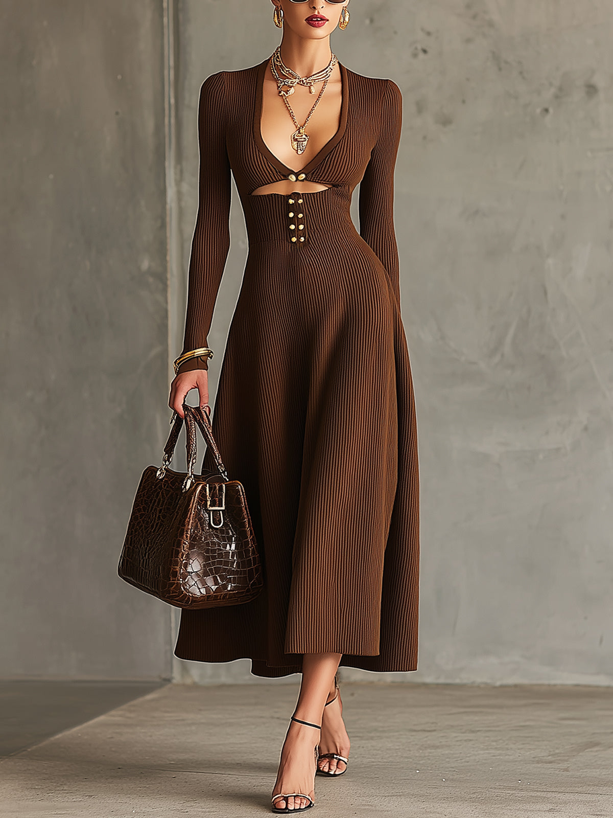 Chocolate Ribbed Knit Cut Out Midi Dress