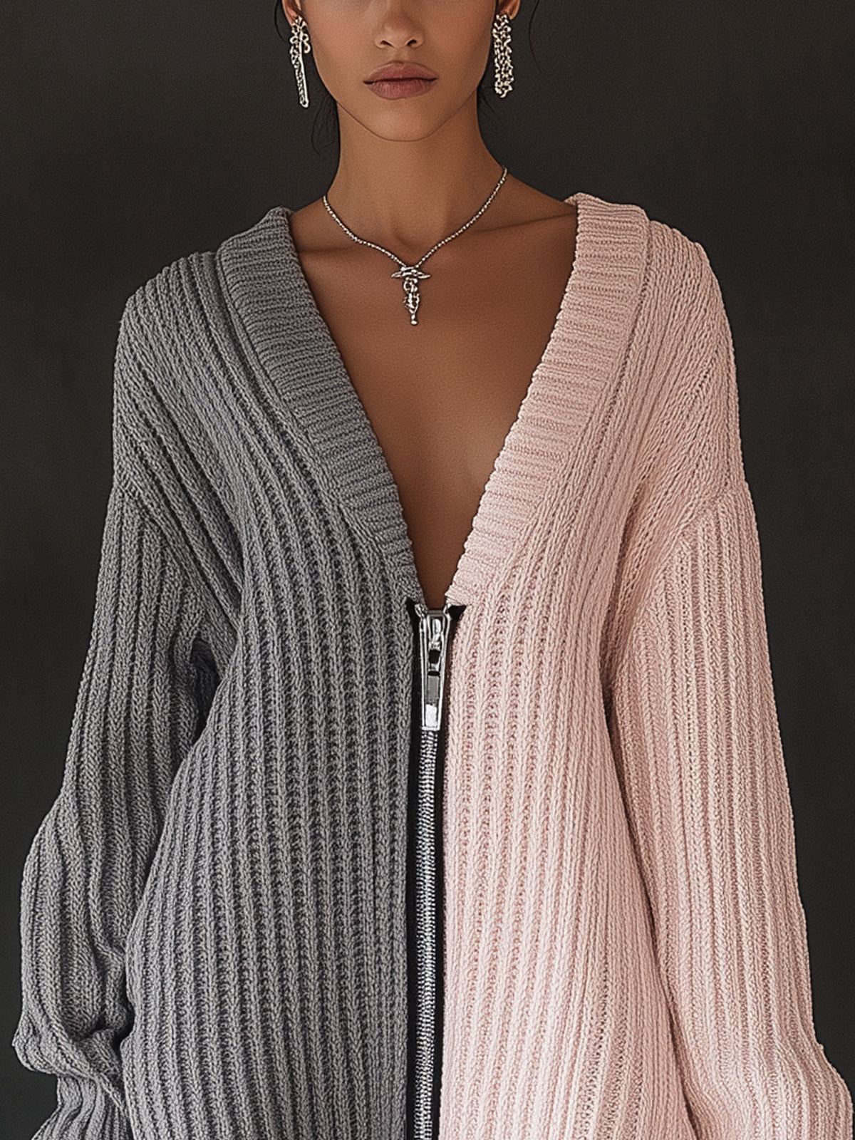 Two-Tone Oversized Knit Mini Dress With Zip Closure