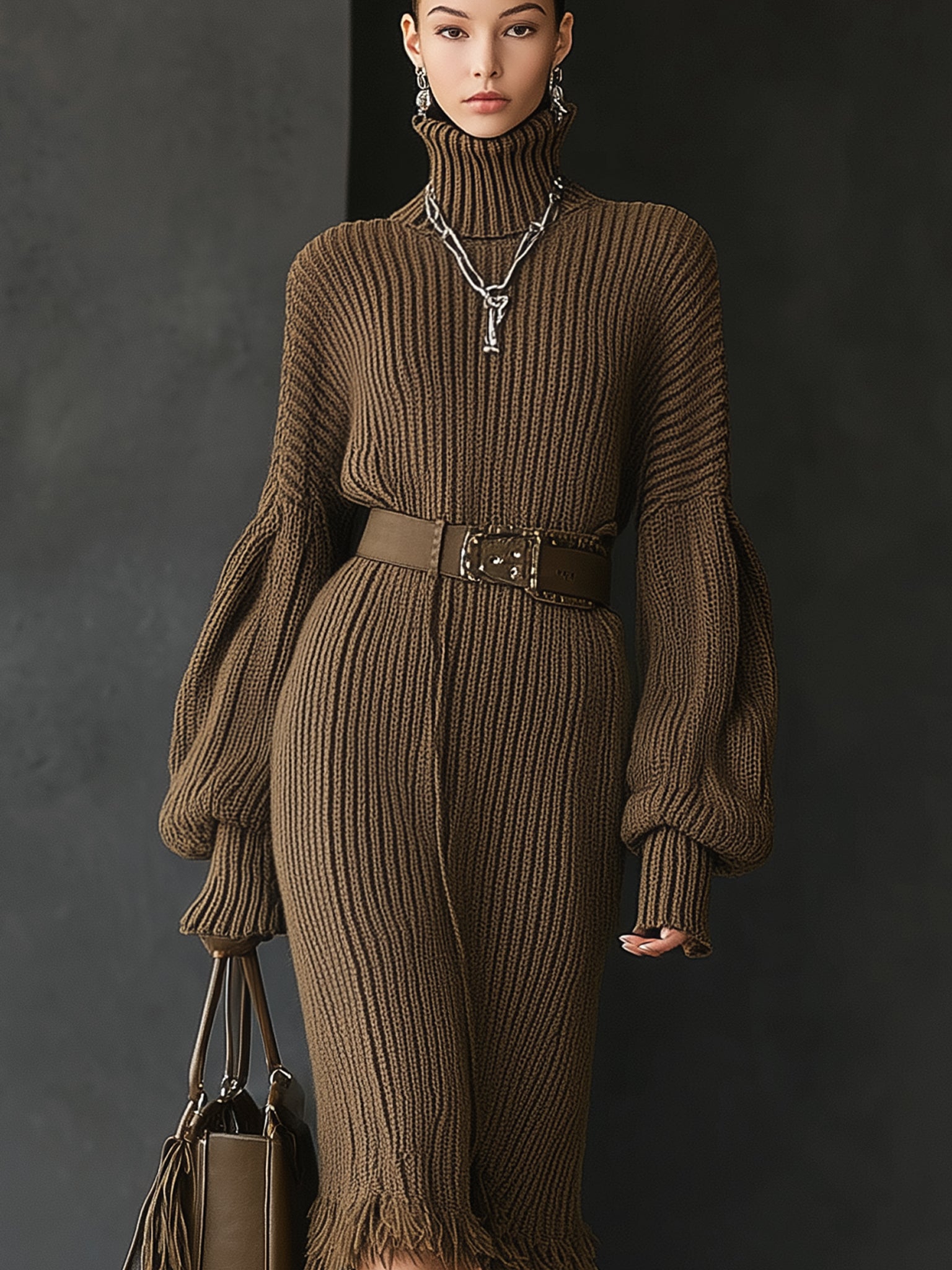 Brown Ribbed Knit Turtleneck Long Sleeve Dress With Belt
